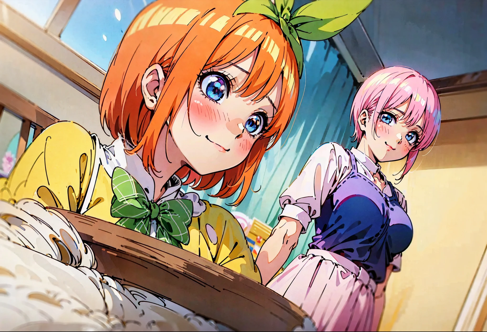 Nakano ichika, nakano_ichika, aaichika, short pink hair] teasing smile, smug face, blue eyes, best quality)), extremely fine and beautiful, super fine illustration, top-quality、Official art、Beautifully Aesthetic:、vivid colours、colourful, HD Detail, Ultra Detail, soft Light, magical photography, intricate details, , sfw, , indigo eyes, masterpiece, 4k, ultradetailed,