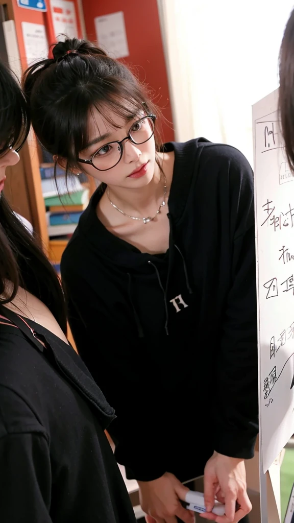 A woman with glasses stands in a room with a whiteboard., Straightforward shoot, photograph ( far _ shoot ), photograph [ far ], Straightforward portrait, Shiho, Kim Hyun Joo, gongbi, Straightforward, Li Zixin, Junki It, Nanae Kawahara, Kazue Kato, student, thinking, Makoto, People in the foreground, complicated!!