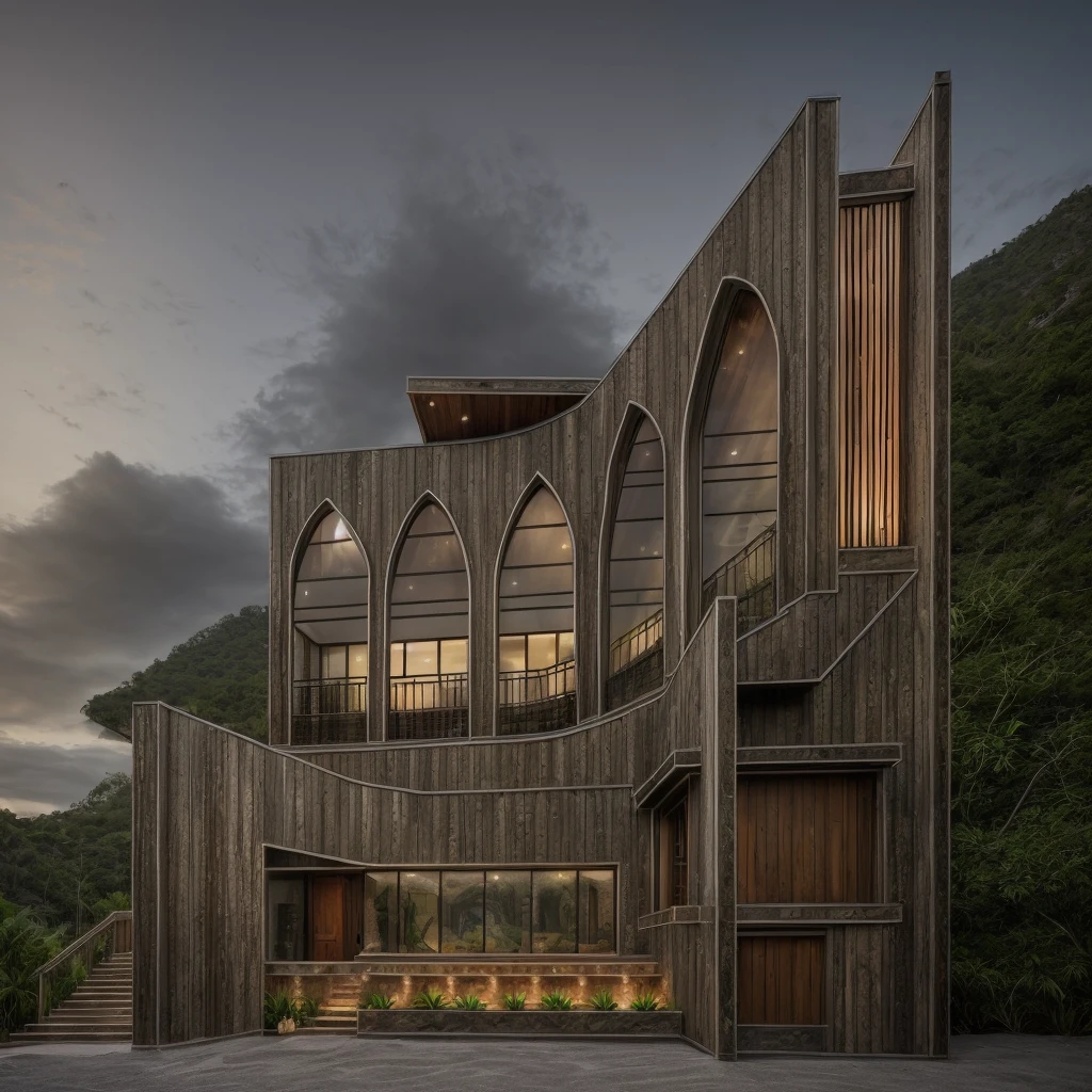 exterior of house, rustic style, rock wall, wood door, pool, metal roof, nice tropical landscape, morning, sky, few cloud, realistic, high quality, masterpiece