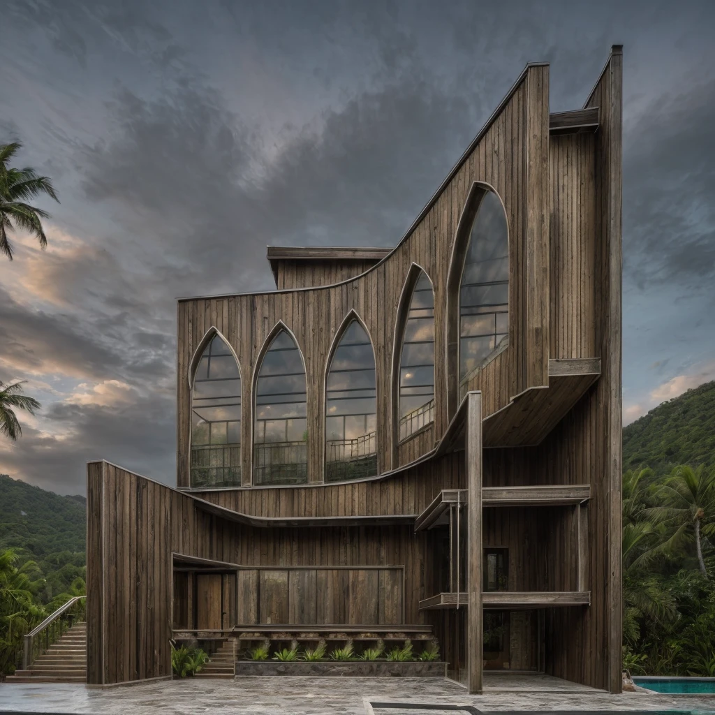 exterior of house, rustic style, rock wall, wood door, pool, metal roof, nice tropical landscape, morning, sky, few cloud, realistic, high quality, masterpiece