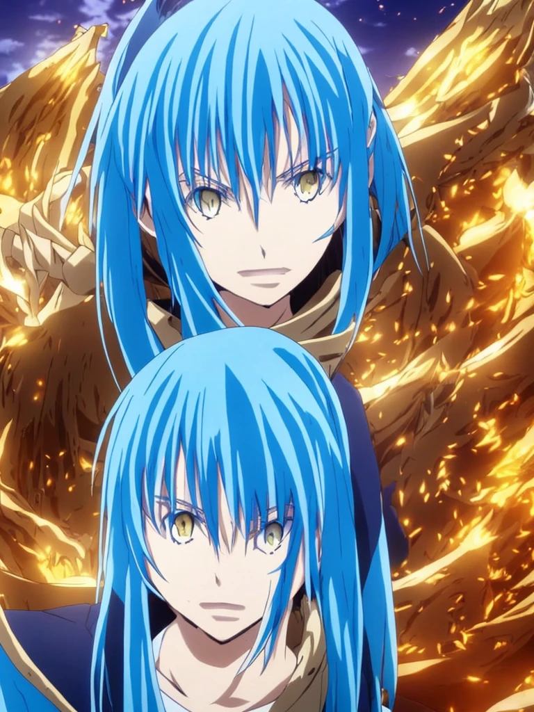 a detailed anime style illustration of Rimuru Tempest with long blue hair, golden eyes, well-defined facial features, in demon lord form, masterpiece, 8k, photorealistic, hyper detailed, dramatic lighting, cinematic composition, striking pose, vibrant colors, intricate texture, digital painting