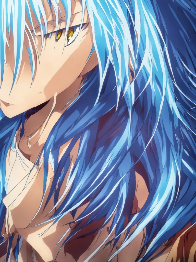 a detailed anime style illustration of Rimuru Tempest with long blue hair, golden eyes, well-defined facial features, in demon lord form, masterpiece, 8k, photorealistic, hyper detailed, dramatic lighting, cinematic composition, striking pose, vibrant colors, intricate texture, digital painting