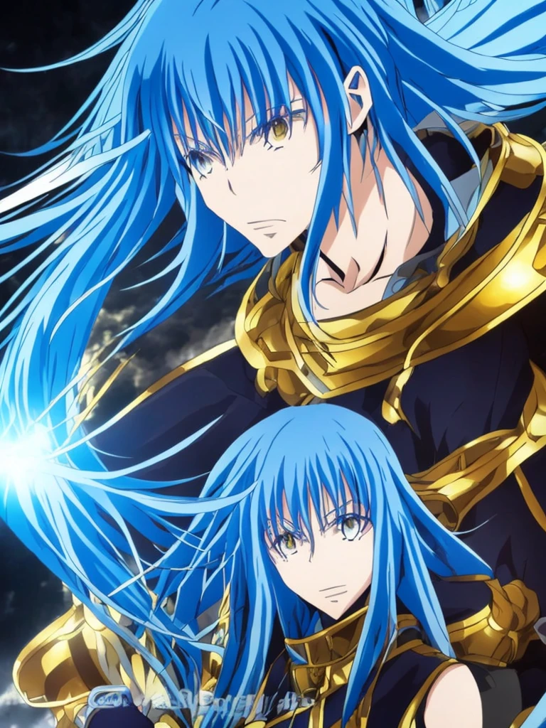 a detailed anime style illustration of Rimuru Tempest with long blue hair, golden eyes, well-defined facial features, in demon lord form, masterpiece, 8k, photorealistic, hyper detailed, dramatic lighting, cinematic composition, striking pose, vibrant colors, intricate texture, digital painting