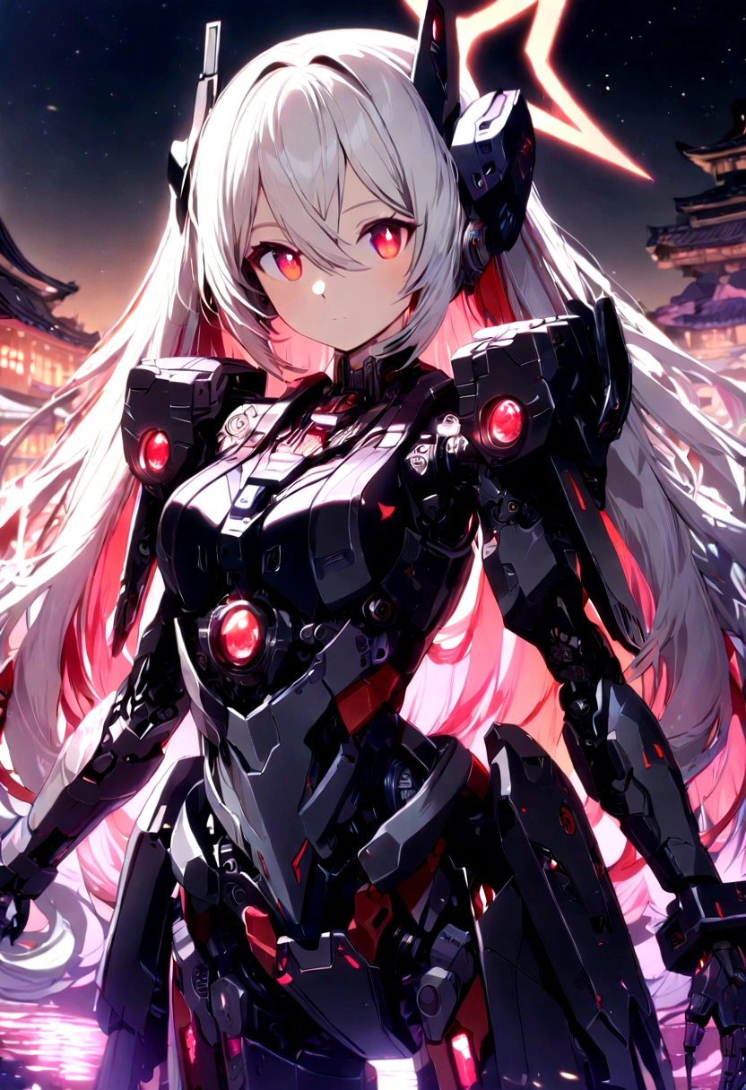 masterpiece,best quality,ultra-detailed,very detailed illustrations,extremely detailed,intricate details,highres,super complex details,extremely detailed 8k cg wallpaper,cowboy shot, caustics,reflection,ray tracing,demontheme,nebula,dark aura,cyber effect, (1girl:1.4),solo,alone,mecha musume,mechanical parts, robot joints,single mechanical arm, headgear, mechanical halo,star halo,intricate mechanical bodysuit, mecha corset, full armor, very long hair,white hair, hair between eyes, multicolored hair, colored inner hair, red eyes,glowing eye,eye trail, random expressions,random action, ancient japanese architecture,pond, starry sky,skyline,