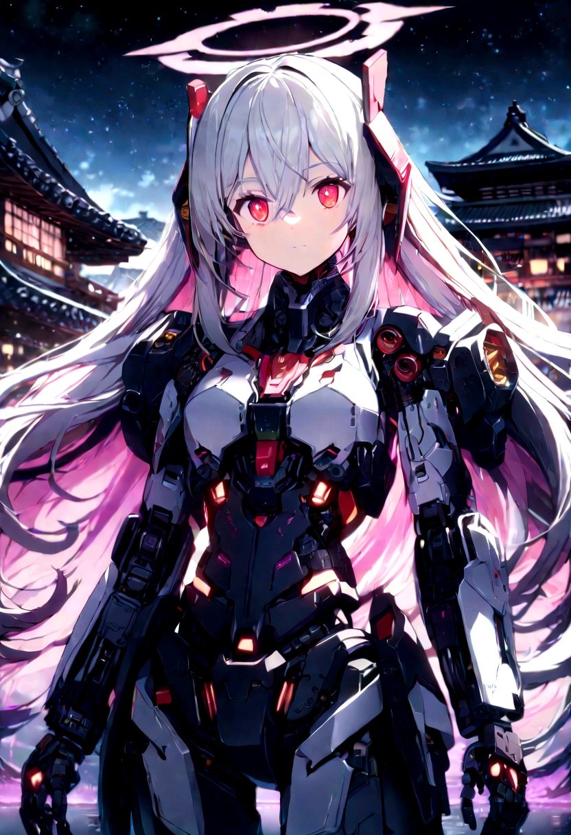 masterpiece,best quality,ultra-detailed,very detailed illustrations,extremely detailed,intricate details,highres,super complex details,extremely detailed 8k cg wallpaper,cowboy shot, caustics,reflection,ray tracing,demontheme,nebula,dark aura,cyber effect, (1girl:1.4),solo,alone,mecha musume,mechanical parts, robot joints,single mechanical arm, headgear, mechanical halo,star halo,intricate mechanical bodysuit, mecha corset, full armor, very long hair,white hair, hair between eyes, multicolored hair, colored inner hair, red eyes,glowing eye,eye trail, random expressions,random action, ancient japanese architecture,pond, starry sky,skyline,