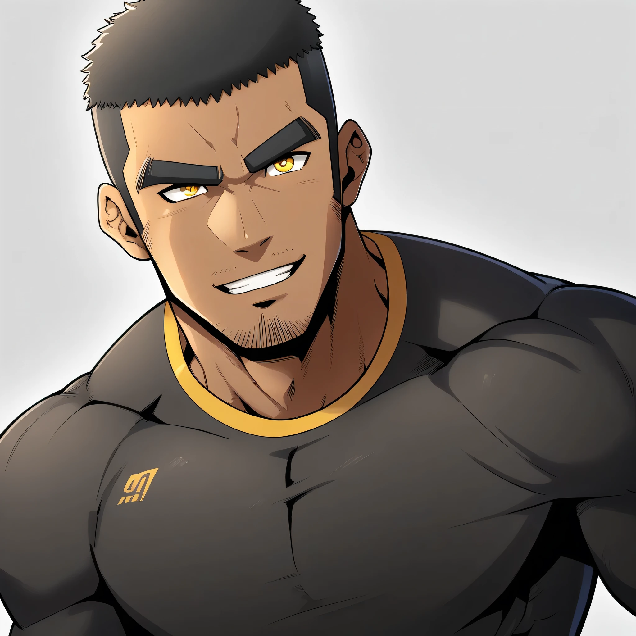 anime characters:Gyee, Young Muscle Sports Teacher, black skin, Buzz Cut, Manliness, male focus, Dark yellow long sleeve tight T-shirt, Slightly transparent texture, Very tight, Slightly transparent, muscular male, muscular, only, Upper body, alone, Black short hair, Thick eyebrows, stubble, Yellow eyes, Grey background, simple background, amazing quality, best aesthetics, Ridiculous, bright pupils, crew cut, parted lips, seductive smile, torogao, naughty face, best quality
