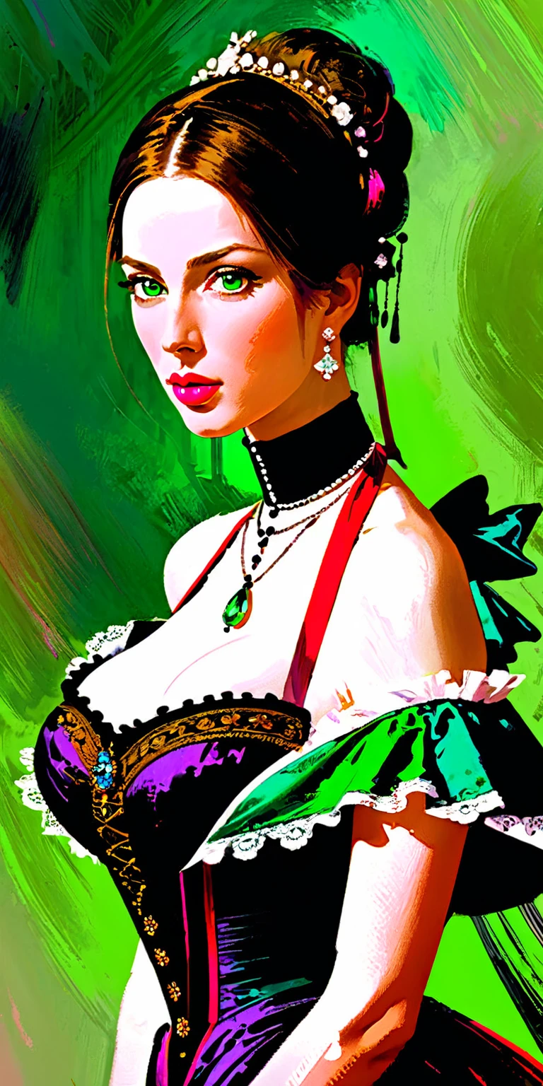 Victorian Hungarian women Women of the 16th century, Hazel hair, Pink lips, Nice feature, Wadim Kashin, james gurney, ink, Splash Art, Amazing beauty , Royo, after sexing, Super detailed splash art modern European ink oil painting, Mid gorgeous breasts, Gorgeous body, Light Turmaline Green eyes, Blush, greg rutkowski.
