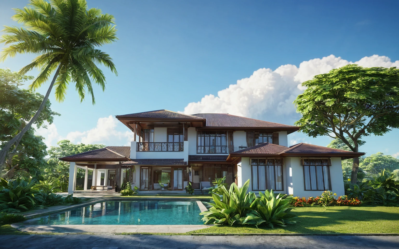 exterior of house,nice tropical landscape, morning, sky, few cloud, realistic, high quality, masterpiece