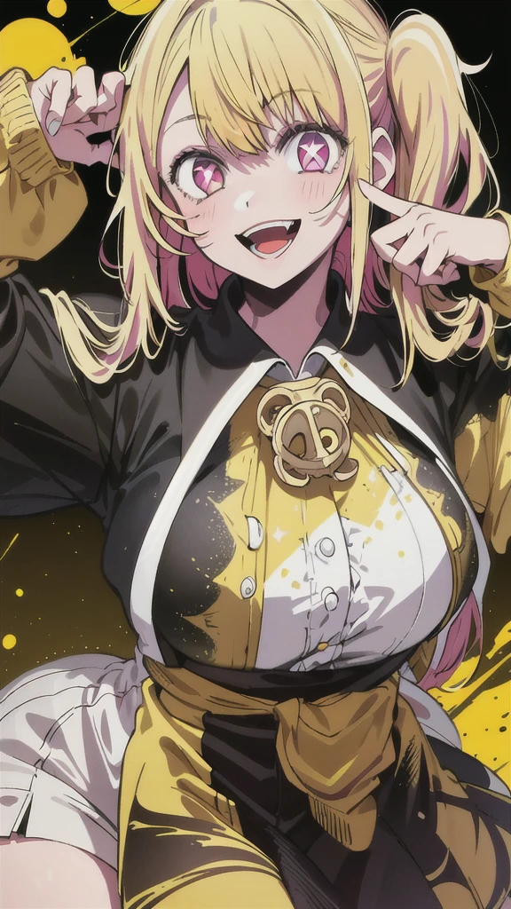 original character , 1girl, (crazy smile:1.2) , blonde hair , bangs , crazy eyes , hands on face , yellow blood splatter on face , yellow and black color scheme, open mouth, (wide-eyed:1.2), glowing eyes, left star shaped eye, star shaped eye, pink eyes, pink eyes