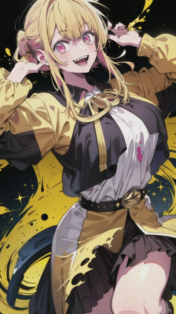 original character , 1girl, (crazy smile:1.2) ,  blonde hair , bangs , crazy eyes , hands on face , yellow blood splatter on face , yellow and black color scheme, open mouth, (wide-eyed:1.2), glowing eyes, left star shaped eye, star shaped eye,  pink eyes, pink eyes