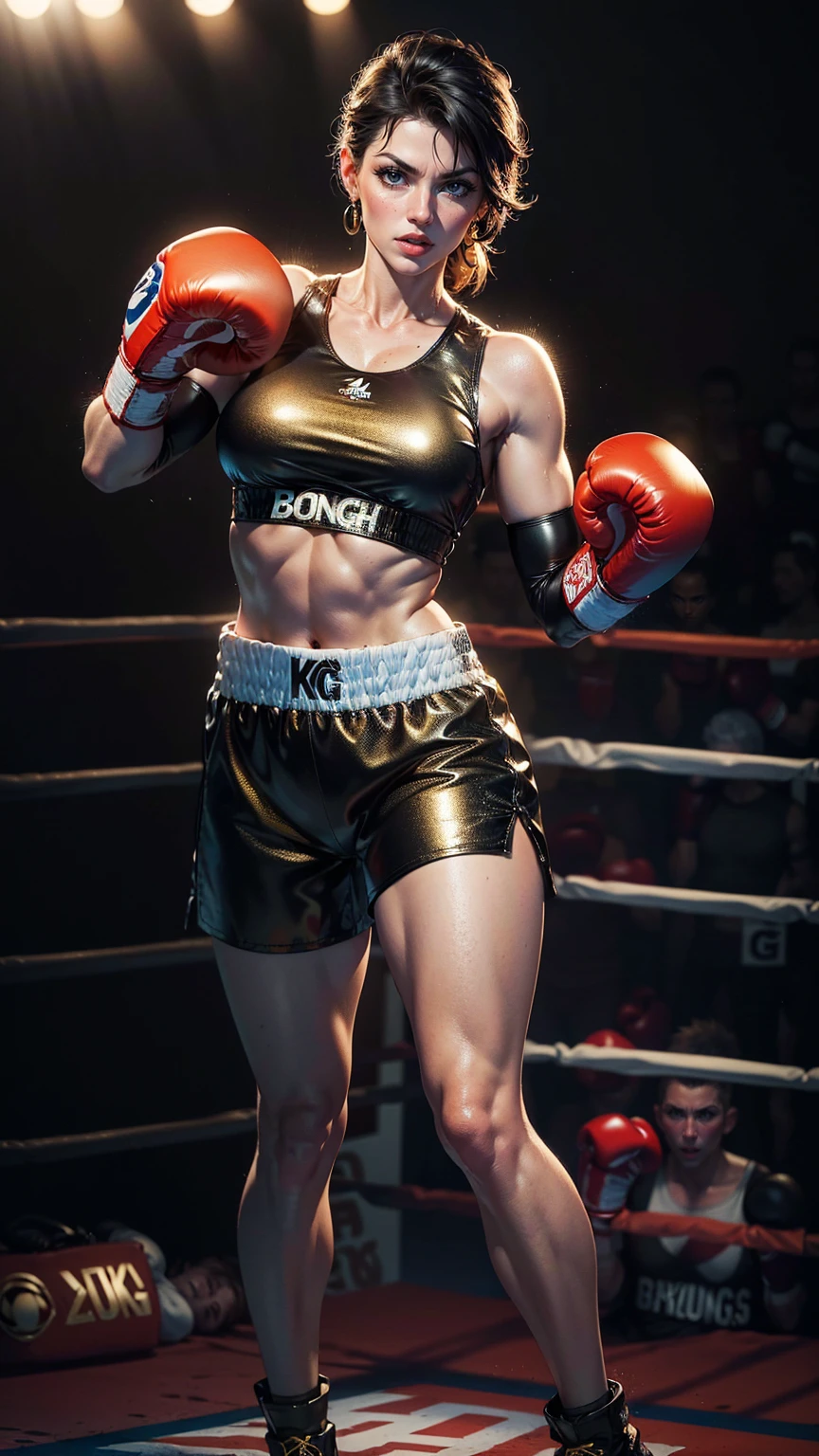 (best quality, 4k, 8k, highres, masterpiece:1.2), ultra-detailed, (realistic, photorealistic, photo-realistic:1.37), Busty mature curvy Denise Milani,
(Short-sleeved black leather romper shorts, glowing golden linings), ((boxing gloves:1.4)),