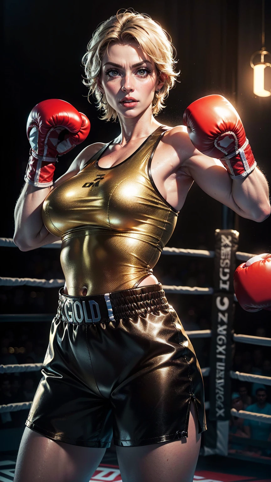 (best quality, 4k, 8k, highres, masterpiece:1.2), ultra-detailed, (realistic, photorealistic, photo-realistic:1.37), Busty mature curvy Denise Milani,
(Short-sleeved black leather romper shorts, glowing golden linings), ((boxing gloves:1.4)),