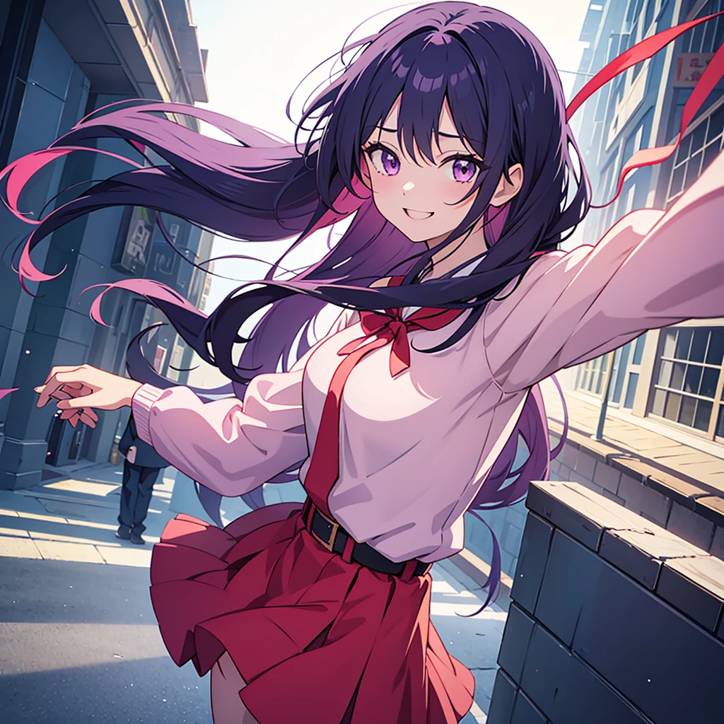 Anime Style, girl, Joshikousei, pink school outfit, Red ribbon, Long Hair, Dark blue hair, Violet eyes, smile, happy, Oshi no ko Style, highSchool background, HD, beautiful, very neat