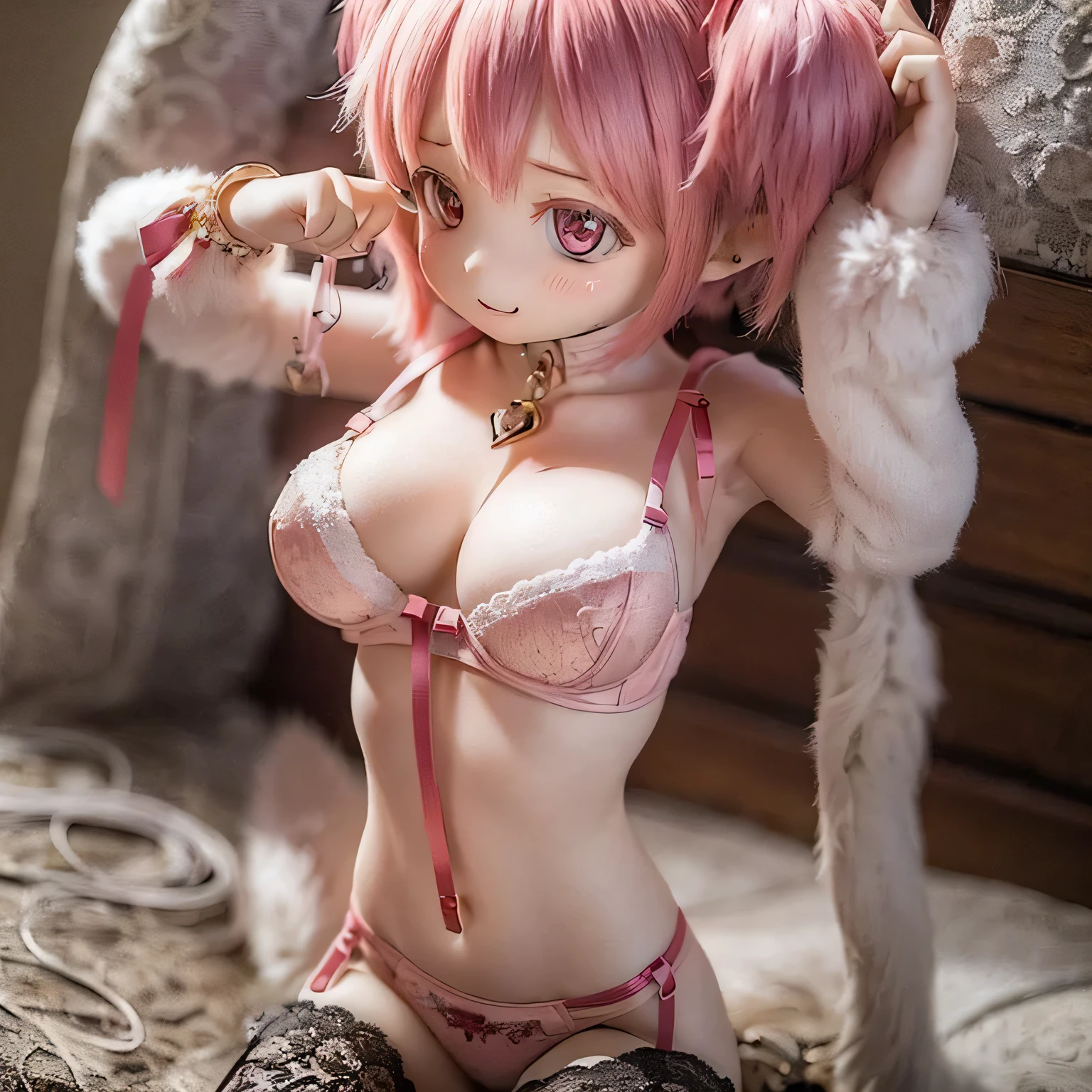 (highest quality, masterpiece:1.2), Expressive eyes, Perfect Face, ((Madoka's hairstyle)), Mouth closed, A subtle smile,  chest, intense, Pink Hair, Magical girl, A look of determination, Pink heir, smile, (((((sexy lingerie))))),, 15 year old nipples, Fuller lips　smile((((((erotic pose))))))