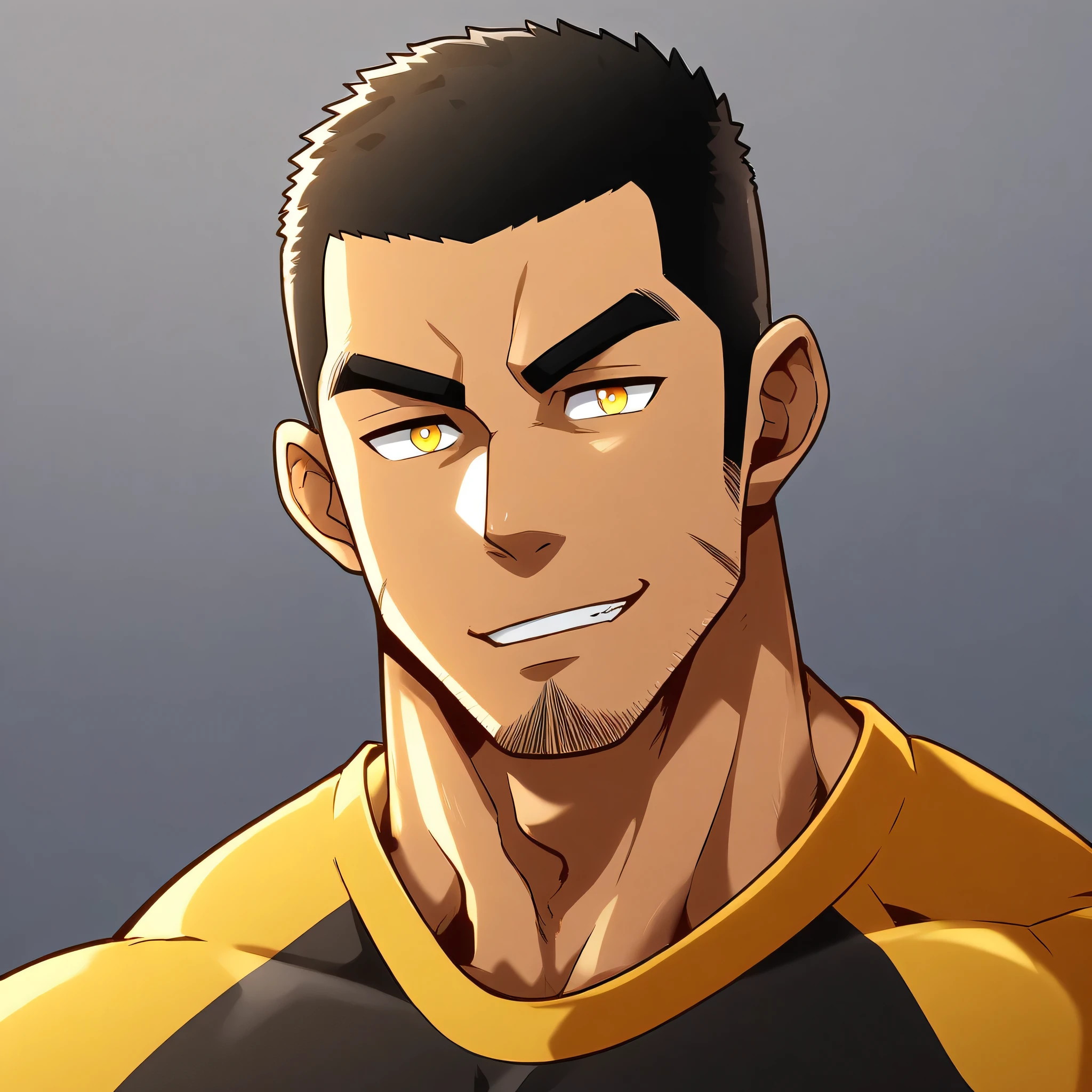 anime characters:Gyee, Young Muscle Sports Teacher, negro black skin, Buzz Cut, Manliness, male focus, Dark yellow long sleeve tight T-shirt, Slightly transparent texture, Very tight, Slightly transparent, muscular male, muscular, only, Upper body, alone, Black short hair, Thick eyebrows, stubble, Yellow eyes, Grey background, simple background, amazing quality, best aesthetics, Ridiculous, bright pupils, crew cut, parted lips, seductive smile, torogao, naughty face, best quality