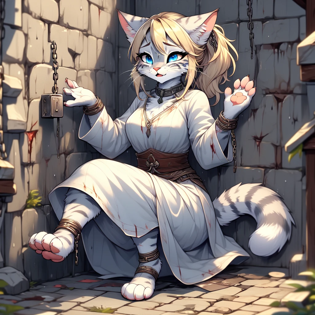 (hi res), ((masterpiece)) , ((best quality)),Solo, score_9,score_8_up,score_7_up, source_furry, Kat, Anthro furry feline girl, tall body, hourglass figure, adult female, blue eyes, silver fur, blonde hair with pony tail, (striped tail), white whiskers, pink nose, wearing simple blue long sleeve tunic, light brown fitted pants, barefoot, (feet paws), (4 toes), pink paw pads, foot focus, Her face was covered with tears,Have tears in her eyes,looking at viewers, looking uncomfortable, eyes half closed, outdoors, rainy day, spread feet apart, cute dainty feet,(The two feet paws are connected with chains between them),(there are many chains),The chains fastened her hands and feet paws ,(feet chains focus),She's chained to a wall., she is chained on neck and feet,(very dirty feet),((bloody scars are only on her feet)),((no blood on her face )),(Fetters were placed on her feet),(Fetters and feet focused),(show the fetters),Hands chained to the wall,feet chained to the wall,She looks happy,She waved hands at viewers,