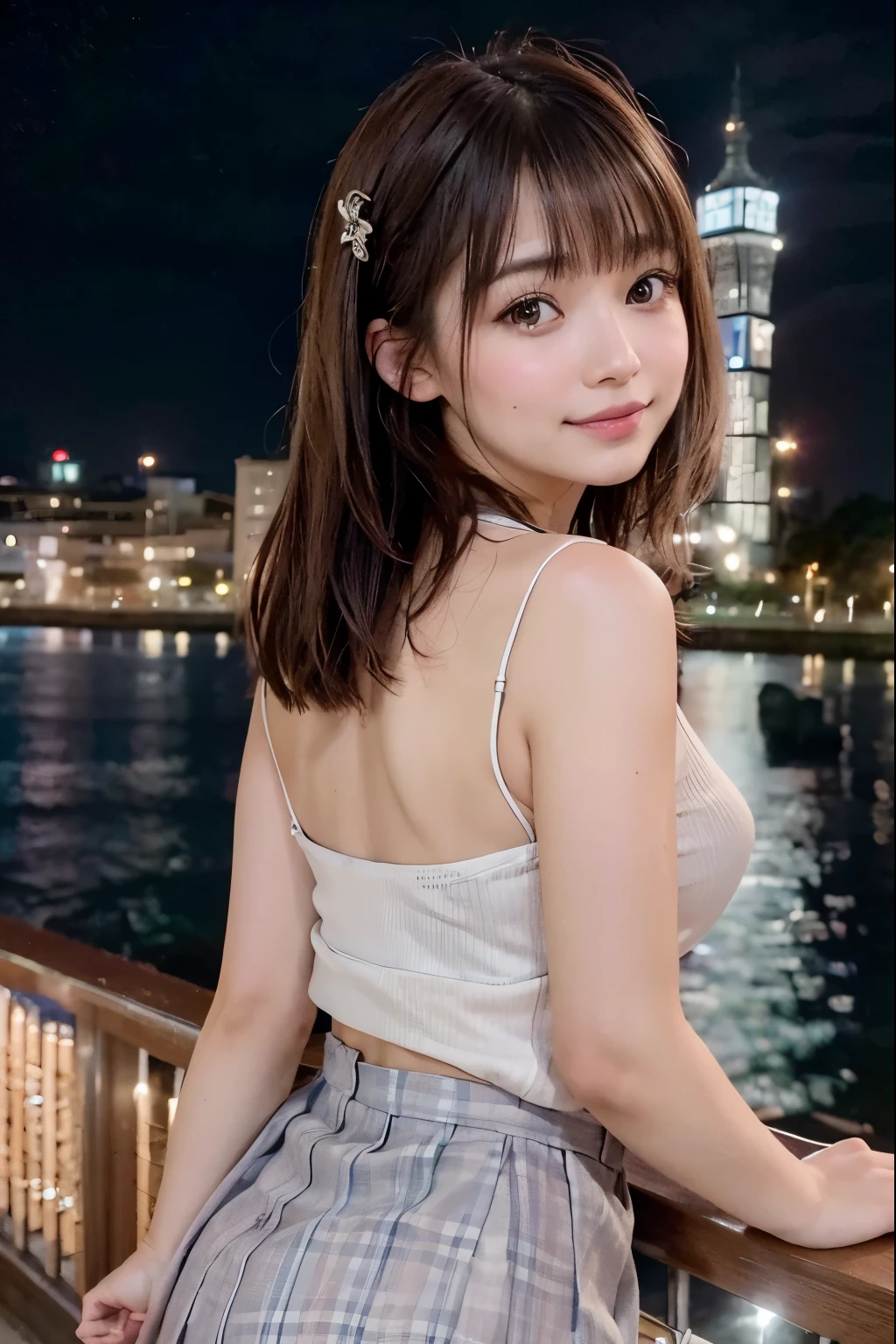 SFW, 
Outside, 
((porttower)), water reflection, [city lights, neon lights, kaiyomuseum, ], 
Water Front, Stainless Pickled Anglebar Deck, 
Perfectly anatomically correct, 
1 Japanese Girl, Hair Bun, Wide-Set Eyes, Pale Skinned, Bashfully, Blush, -Yeld, O Mouse Slightly, 
(Polo Shirt, Mini Skirt), 
Brown Hair, Wet Hair, 
Ecstasy, Light Smiling, 
Looking Back Viewer, 
Showing off Swelled Lower Buttocks from Skirt, 
Dynamic Angle, from Below, 
8K, RAW Photo, Best Quality, Masterpiece, Realistic, PhotoRealistic, Extremely Detailed 8K Wallpaper, Beautifully Detailed Eyes, Finely Detailed Face, 
Professional Lighting, Cinematic Lighting, (bokeh)
