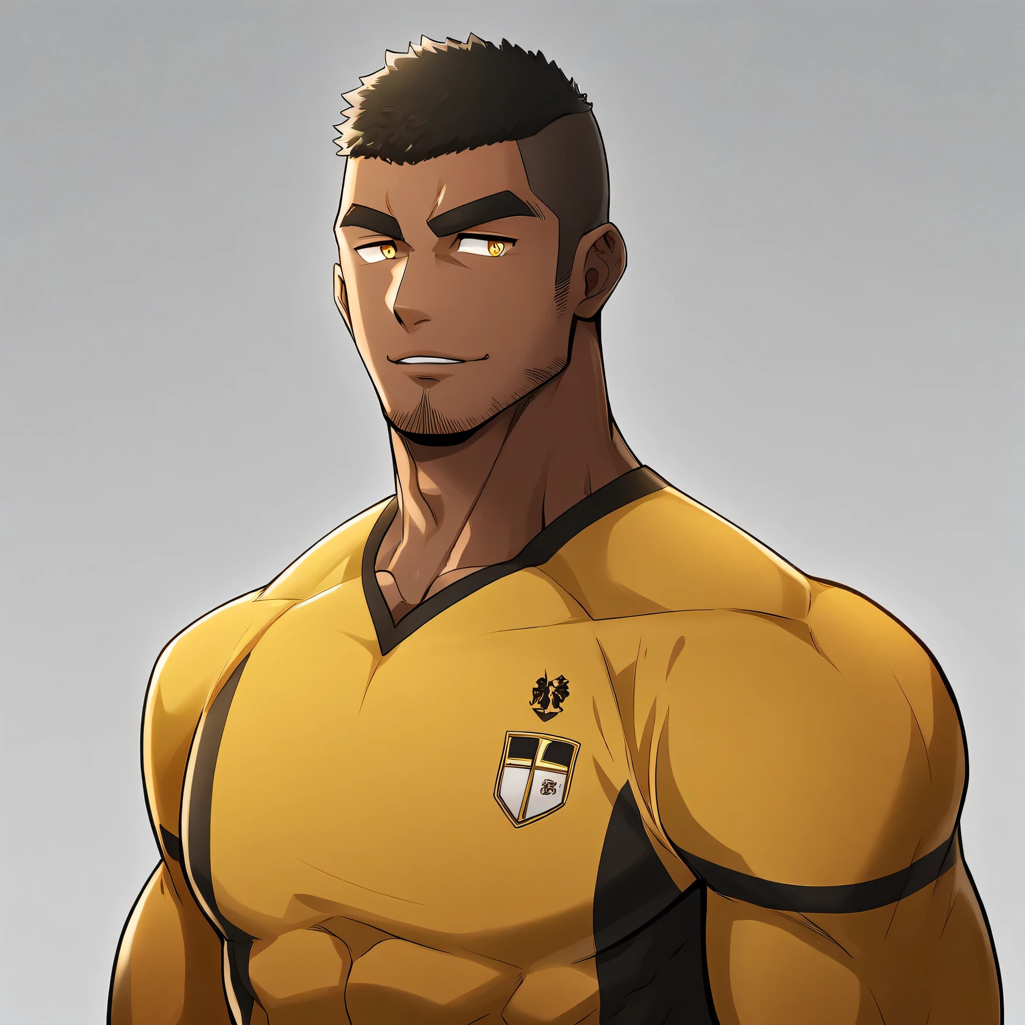 anime characters：Gyee, Young Muscle Sports Teacher, negro black skin, Buzz Cut, Manliness, male focus, Dark yellow long sleeve tight T-shirt, Slightly transparent texture, Very tight, Slightly transparent, muscular male, muscular, only, Upper body, alone, Black short hair, Thick eyebrows, stubble, Yellow eyes, Grey background, simple background, amazing quality, best aesthetics, Ridiculous, bright pupils, crew cut, parted lips, seductive smile, torogao, naughty face, best quality