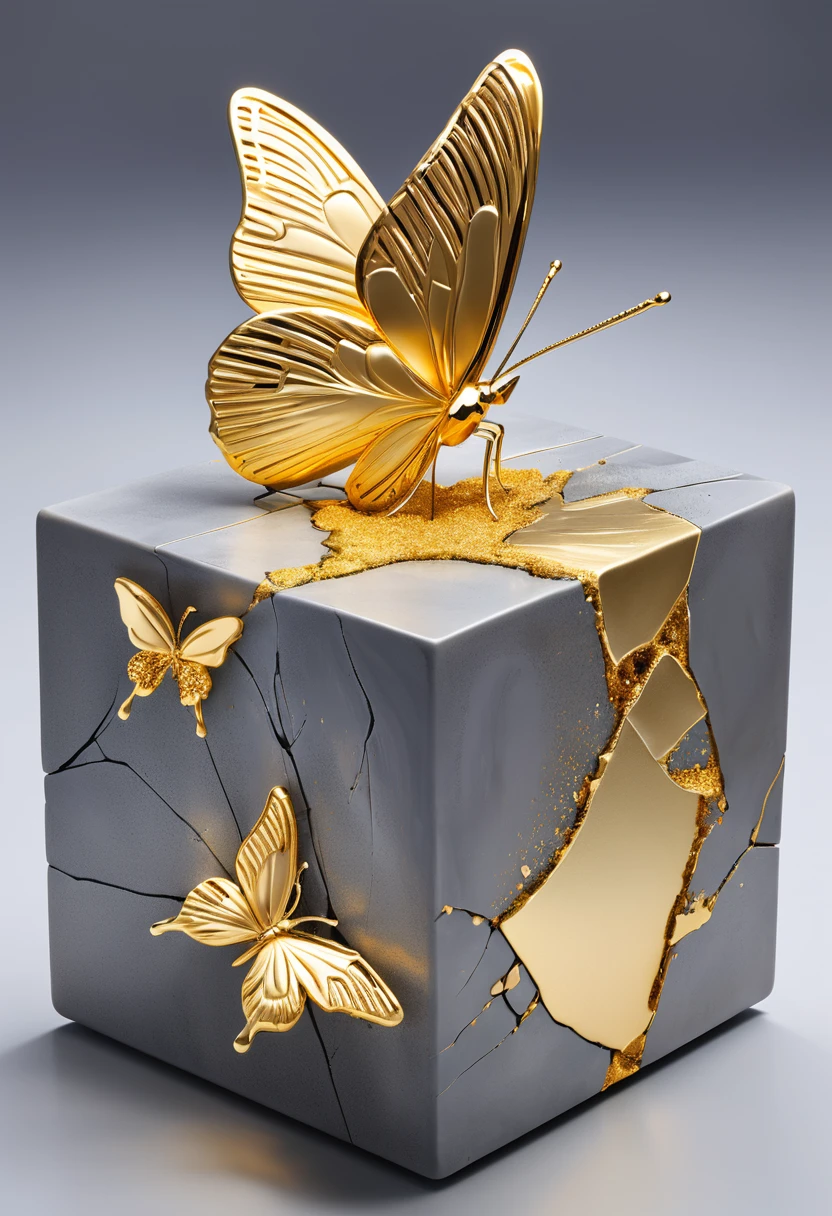 ((exhibit,Still Life Table,Artistic statues,3D Sculpture,ceramics,Surface cracks,Shattered Texture)), Butterfly,Stay in the cube,desktop,Show the beauty of nature.Kaneko,Gold Dust, This artwork is presented on a grey background,Emphasize its artistic quality