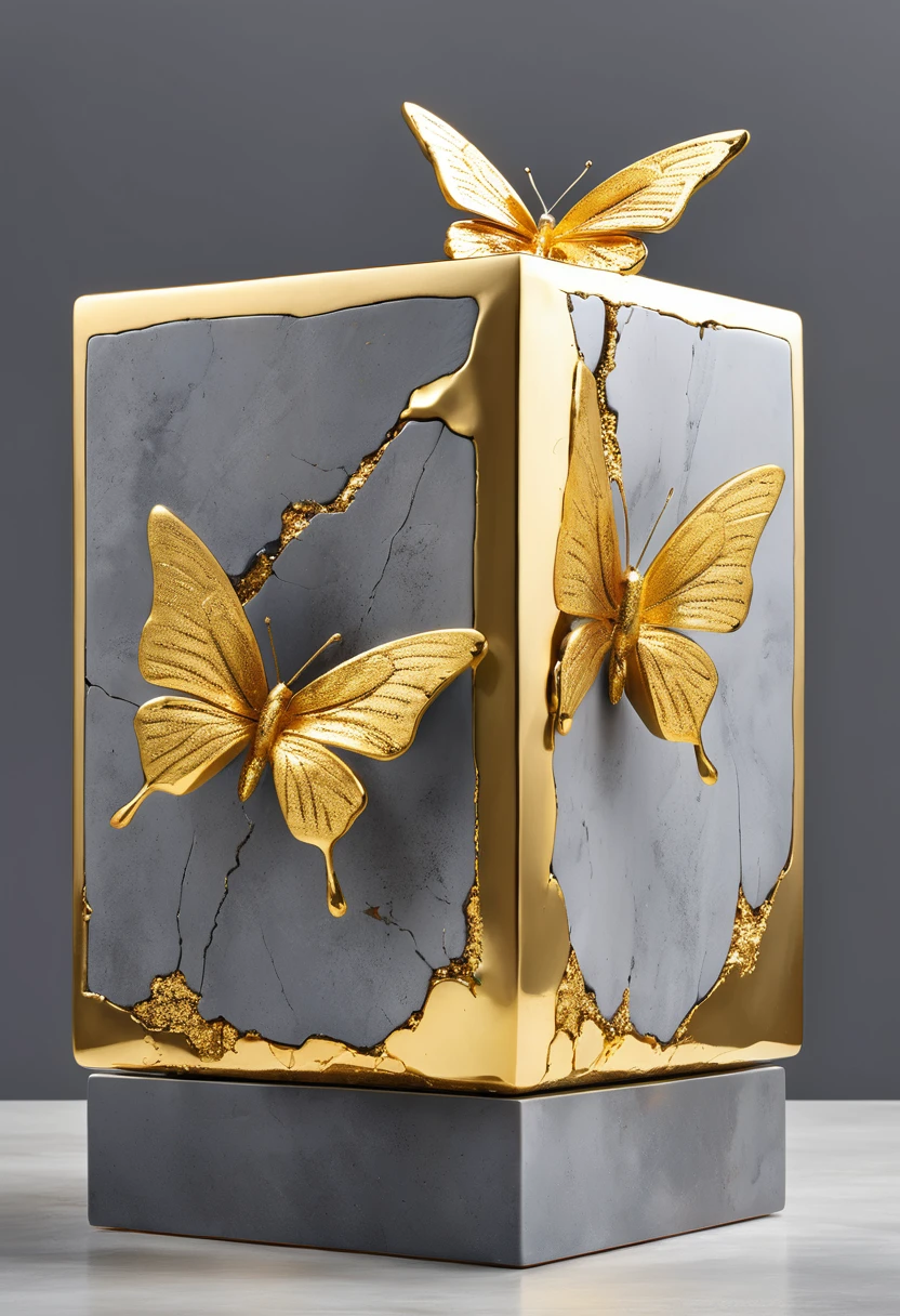 ((exhibit,Still Life Table,Artistic statues,3D Sculpture,ceramics,Surface cracks,Shattered Texture)), Butterfly,Stay in the cube,desktop,Show the beauty of nature.Kaneko,Gold Dust, This artwork is presented on a grey background,Emphasize its artistic quality