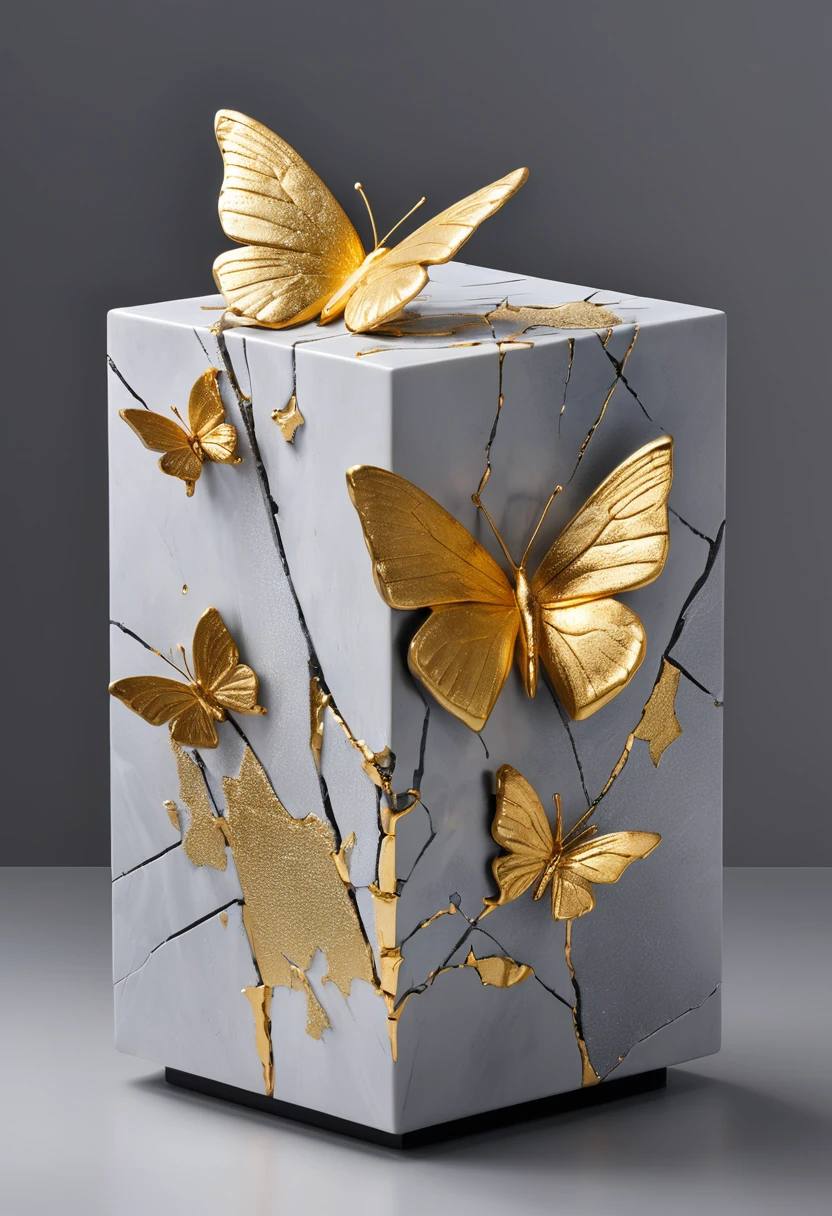 ((exhibit,Still Life Table,Artistic statues,3D Sculpture,ceramics,Surface cracks,Shattered Texture)), Butterfly,Stay in the cube,desktop,Show the beauty of nature.Kaneko,Gold Dust, This artwork is presented on a grey background,Emphasize its artistic quality