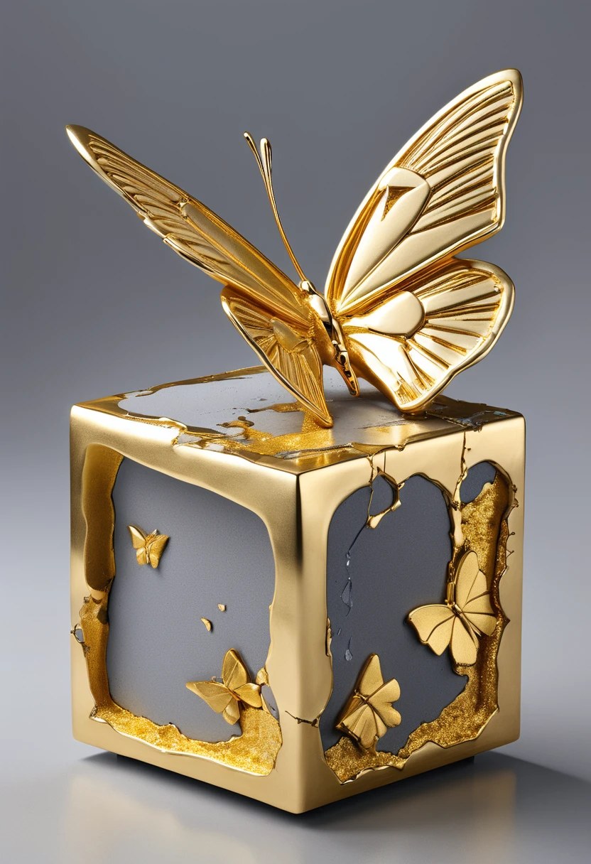 ((exhibit,Still Life Table,Artistic statues,3D Sculpture,ceramics,Surface cracks,Shattered Texture)), Butterfly,Stay in the cube,desktop,Show the beauty of nature.Kaneko,Gold Dust, This artwork is presented on a grey background,Emphasize its artistic quality