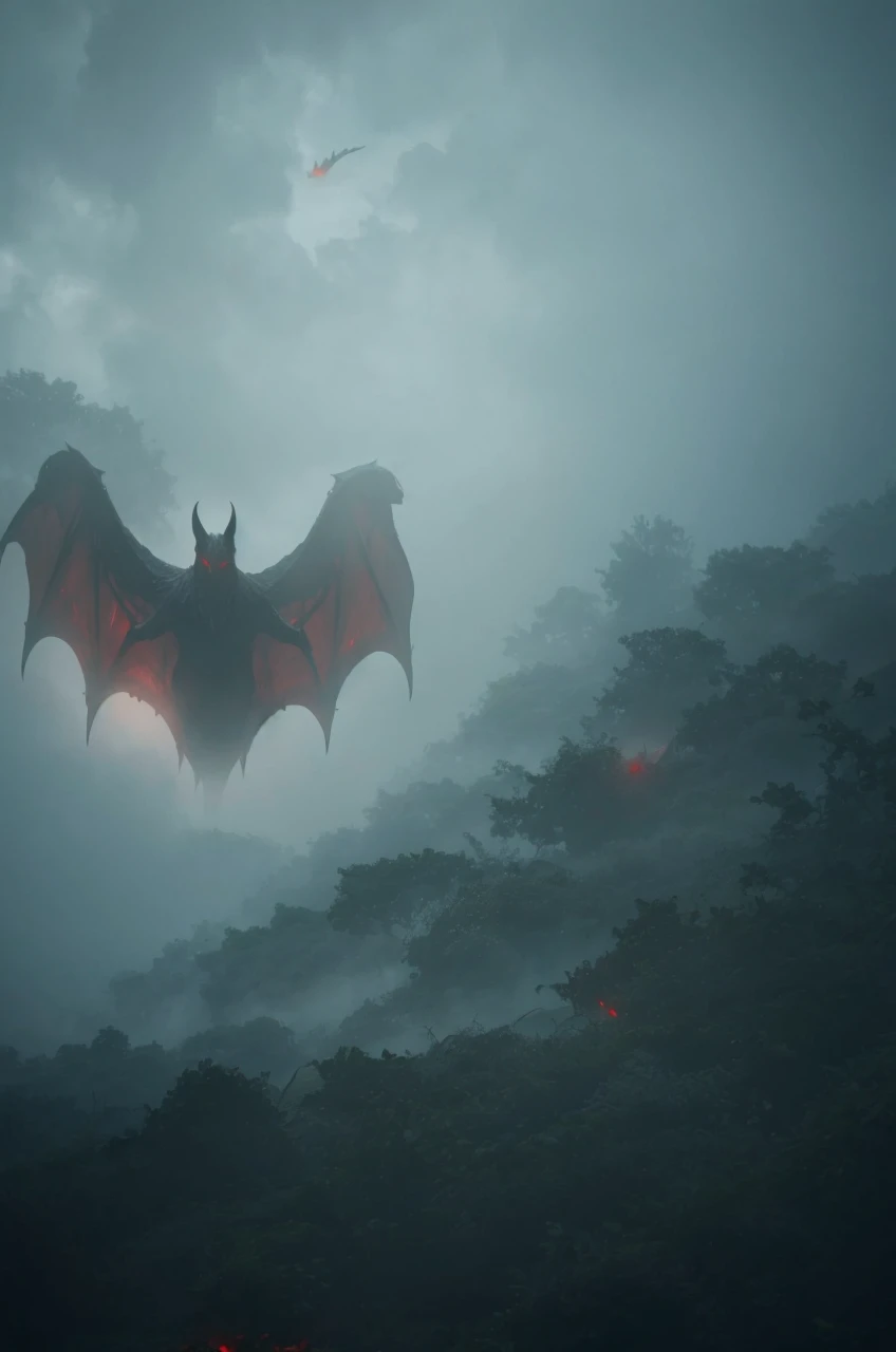 Dark creatures in the misty sky, with red eyes.