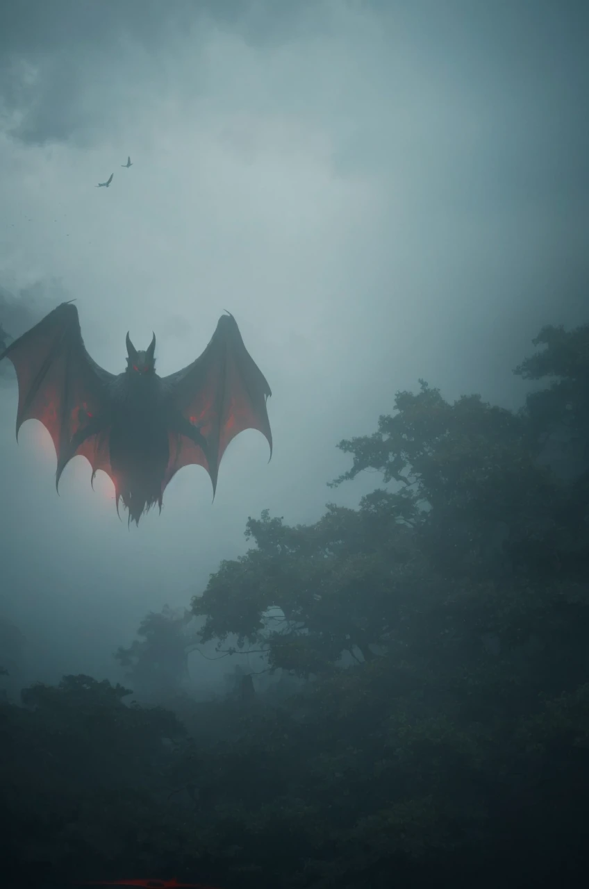 Dark creatures in the misty sky, with red eyes.