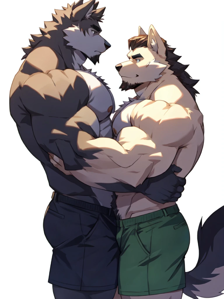 4k, high resolution, best quality, perfect colors, perfect shadows, white background, 2boy, mature male, 40s, bara, beard, thick eyebrows, furry, wolf, shirtless, shorts, long hair, blushing, shy, reverse hug, hugging, love, gay love, yaoi, muscular, huge muscles, muscular ass, broad shoulders, navel hair, pectoral hair, looking each other, 