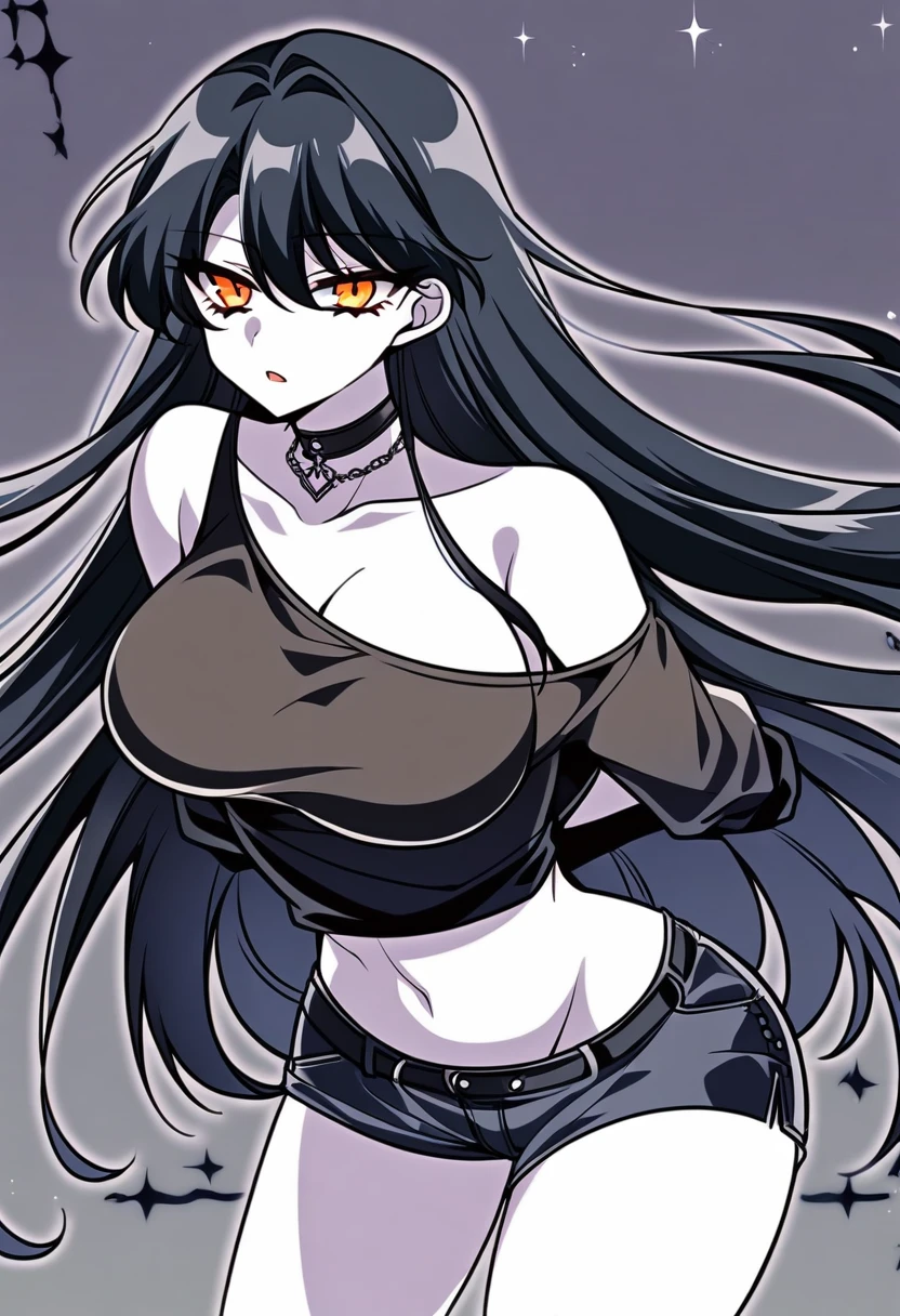 1girl, pale skin, black hair, orange eyes, very long hair, off shoulder, black shirt, midriff peek, short shorts, large breasts, choker, expressionless, open mouth, (shoujo-style:1.25, sexy-style:1.25)