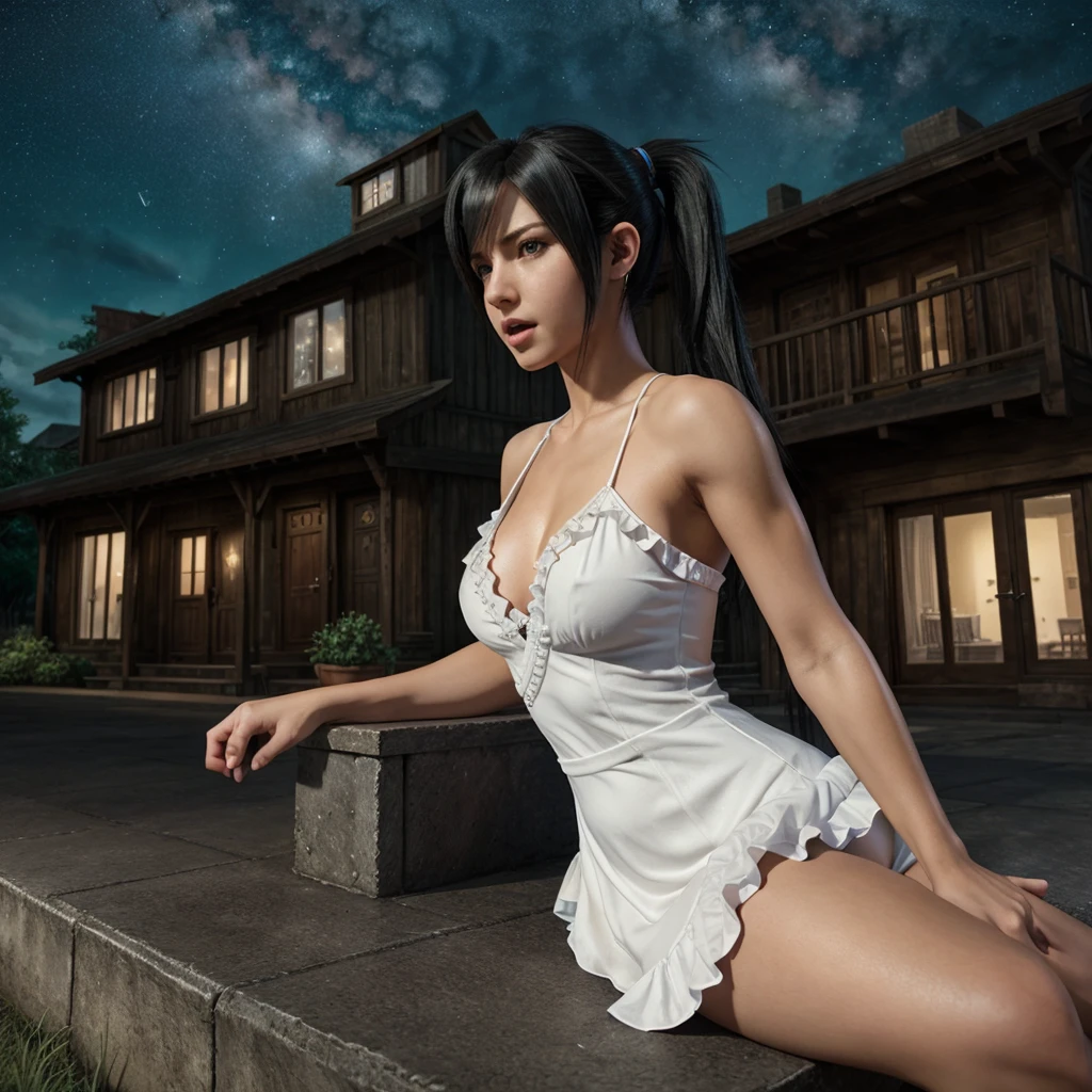tifa lockhart, mksks style, (very detailed background:1.0), (highly detailed background:1.0), final fantasy vii remake, (red eyes), 1girl,  shoulders, aqua dress, black hair, green dress, sleeveless dress , sundress, house, long hair, night, night sky, open mouth, outdoors, ponytail, sitting, sky, sleeveless, sleeveless dress, star (sky), starry sky, town, aged down, small , ((white frills)), (white dress), 