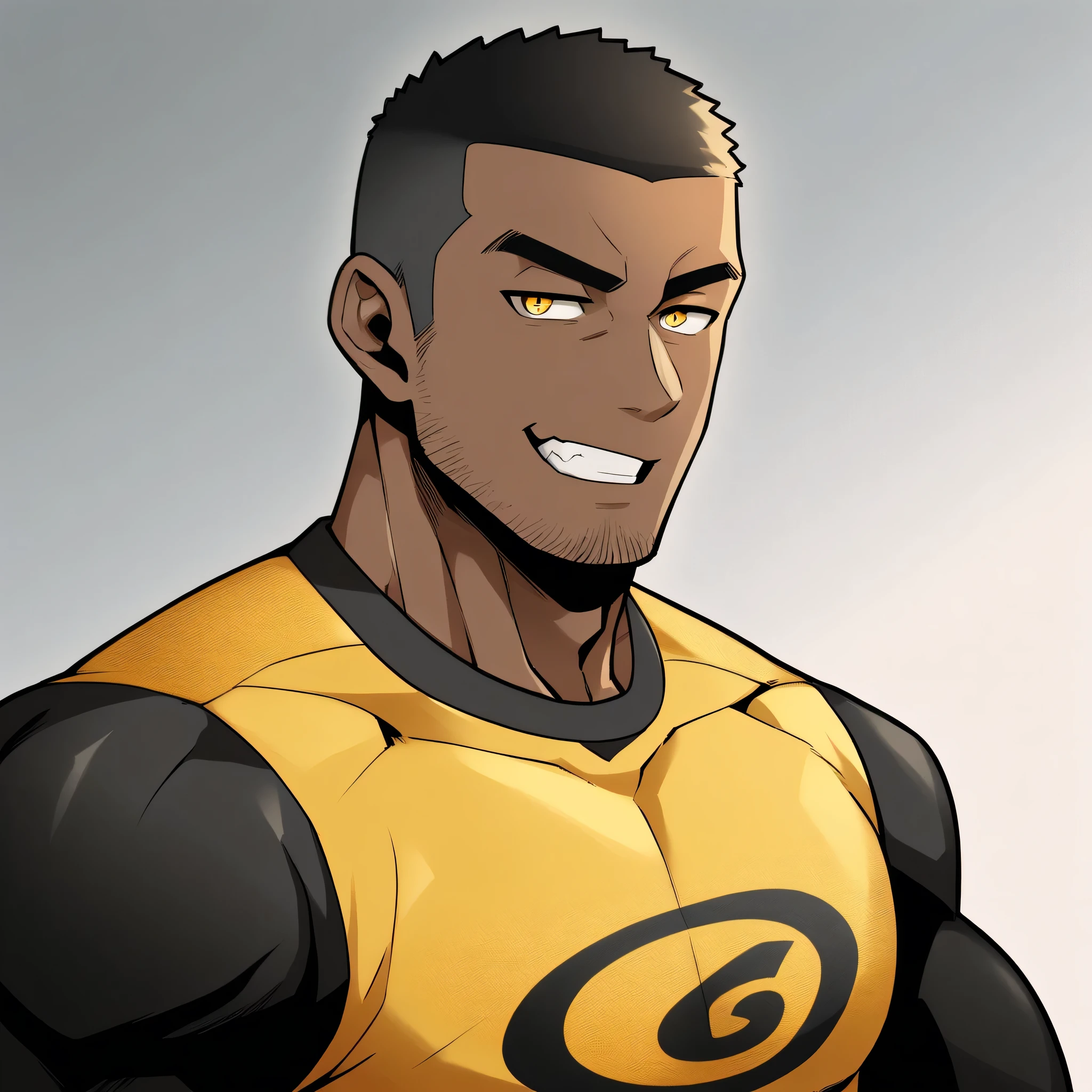 anime characters:Gyee, Young Muscle Sports Teacher, negro black skin, Buzz Cut, Manliness, male focus, Dark yellow long sleeve tight T-shirt, Slightly transparent texture, Very tight, Slightly transparent, muscular male, muscular, only, Upper body, alone, Black short hair, Thick eyebrows, stubble, Yellow eyes, Grey background, simple background, amazing quality, best aesthetics, Ridiculous, bright pupils, crew cut, parted lips, seductive smile, torogao, naughty face, best quality