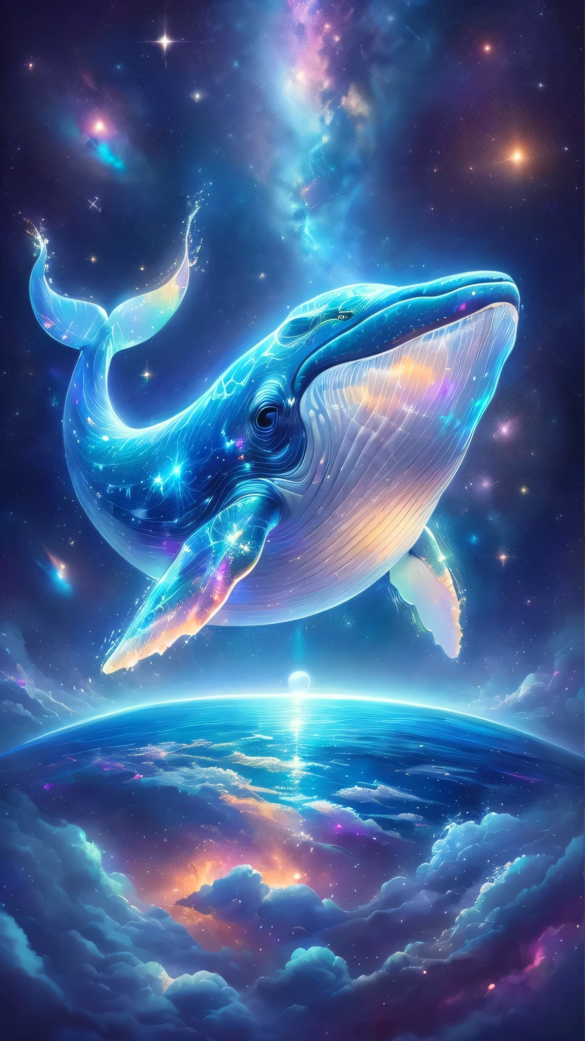 painting of a whale flying over the earth with a star in the background, space magical whale, galaxy whale, space whale, glimmering whale, Just a joke, Inspired by Cyril Rolland, Beeple and Jeremiah Kettner, flying whale, sky whales, whale, cyborg whale, Cyril Rolland style, Justin Gerard, flying whale,Big kind eyes,Iridescent body