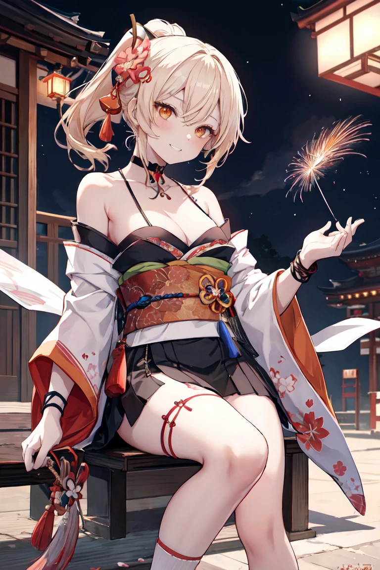 masterpiece, Highest quality, High resolution, One girl, Blonde, Medium Hair, Asymmetrical Hair, Floating Hair, Hair between the eyes, High Ponytail, Side Lock, hair ornaments, fish hair ornaments, Tassel, Hairpin, bangs, Orange eyes, Open your mouth, smile, teeth, upper teeth only, choker, red choker, pendant choker, butterfly choker, clavicle, tattoo, chest tattoo, flower tattoo, Cleavage, Medium chest, Thighs, bandage, bandageを巻いたfeet, sarashi, Budget Sarashi, chest sarashi, black sash, Otherwise, houkisei, kimono, kimono, kinchaku, heart, heartage, heartjime, orange kimono, Pouch, print kimono, rope, sash, shimenawa, short kimono, One shoulder exposed, vision (Genshin Impact), East Asian architecture, cherry blossoms, whole body, squat, 線香firework, night, firework, holding firework, feetを揃えて, feet, One-handed gloves, One fingerless glove, Wristband, Black socks,