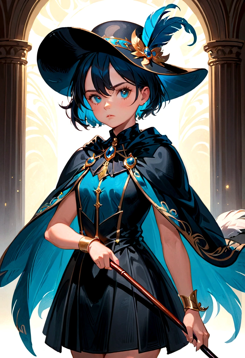 Girl,short hair,cavalier hat with a feather,black capelet,holding a cane
