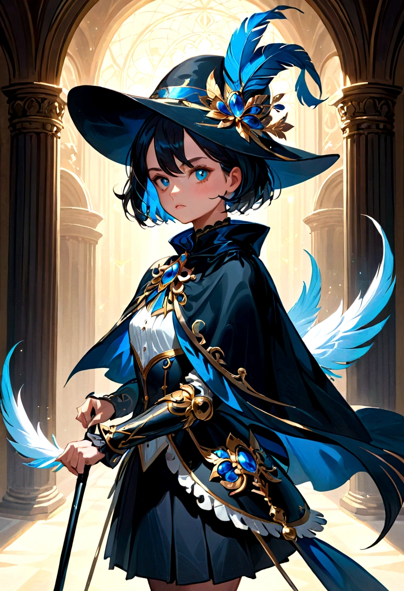 Girl,short hair,cavalier hat with a feather,black capelet,holding a cane