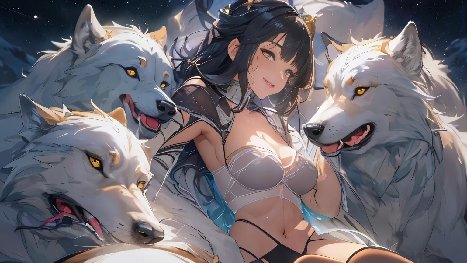 Huge wolves huddled together、Detailed depiction of bulges and wrinkles in ultra-thin underwear, (masterpiece), (Highest quality), One girl, (Perfect Face:1.2), (Beautiful Face:1.2), Black Hair, (From below), Happy, A light smile, View your viewers, Sexy pose, See-through, Outdoor idnight, Night Sky, milky way), Complex, Depth of written boundary, Cinema Lighting,