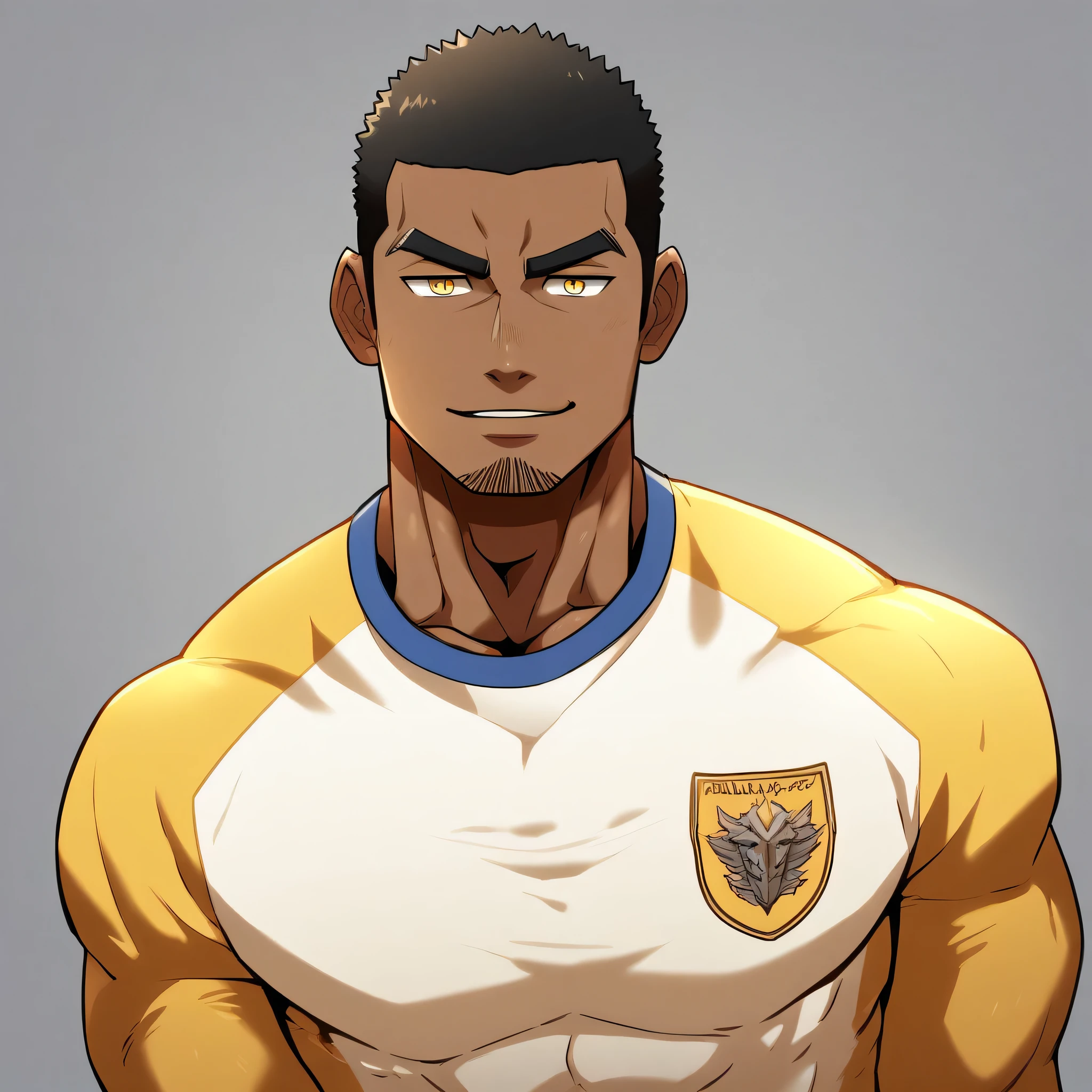 anime characters：Gyee, Young Muscle Sports Teacher, ????? black skin, Buzz Cut, Manliness, male focus, Dark yellow long sleeve tight T-shirt, Slightly transparent texture, Very tight, Slightly transparent, muscular male, muscular, only, Upper body, alone, Black short hair, Thick eyebrows, stubble, Yellow eyes, Grey background, simple background, amazing quality, best aesthetics, Ridiculous, bright pupils, crew cut, parted lips, seductive smile, torogao, naughty face, best quality