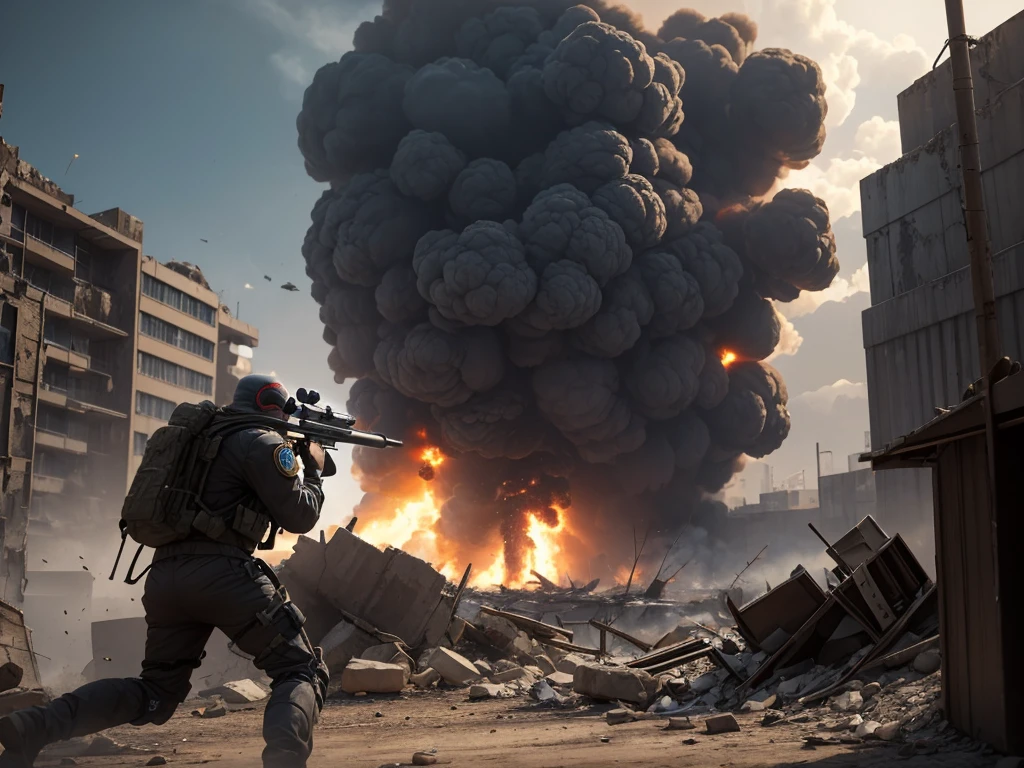 A sniper in an exo suit with an overly large sniper rifle taking shots at enemies in the distance. you can see the destruction caused by the sniper, explosions, smoke billowing off in the distance. High tech rifle, high tech exo suit