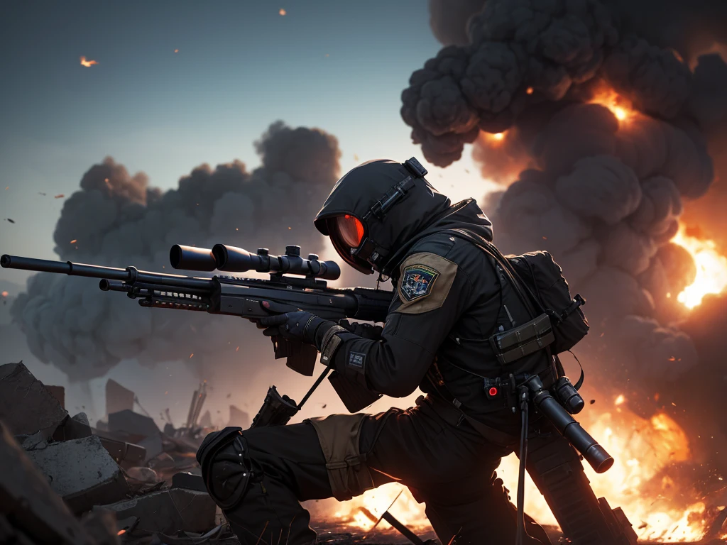 A sniper in an exo suit with an overly large sniper rifle taking shots at enemies in the distance. you can see the destruction caused by the sniper, explosions, smoke billowing off in the distance. High tech rifle, high tech exo suit