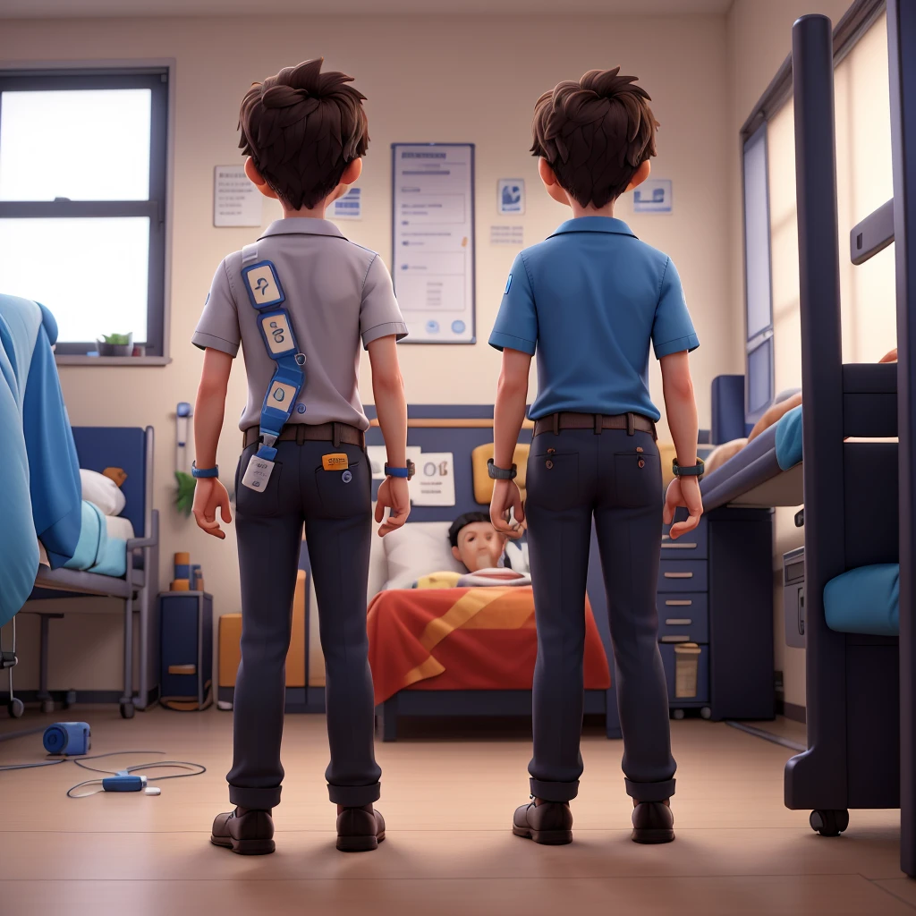 Creates a vertical image of a 6-year-old boy from behind showing his insulin sensor placed on his right arm, in a hospital room surrounded by 3 doctors