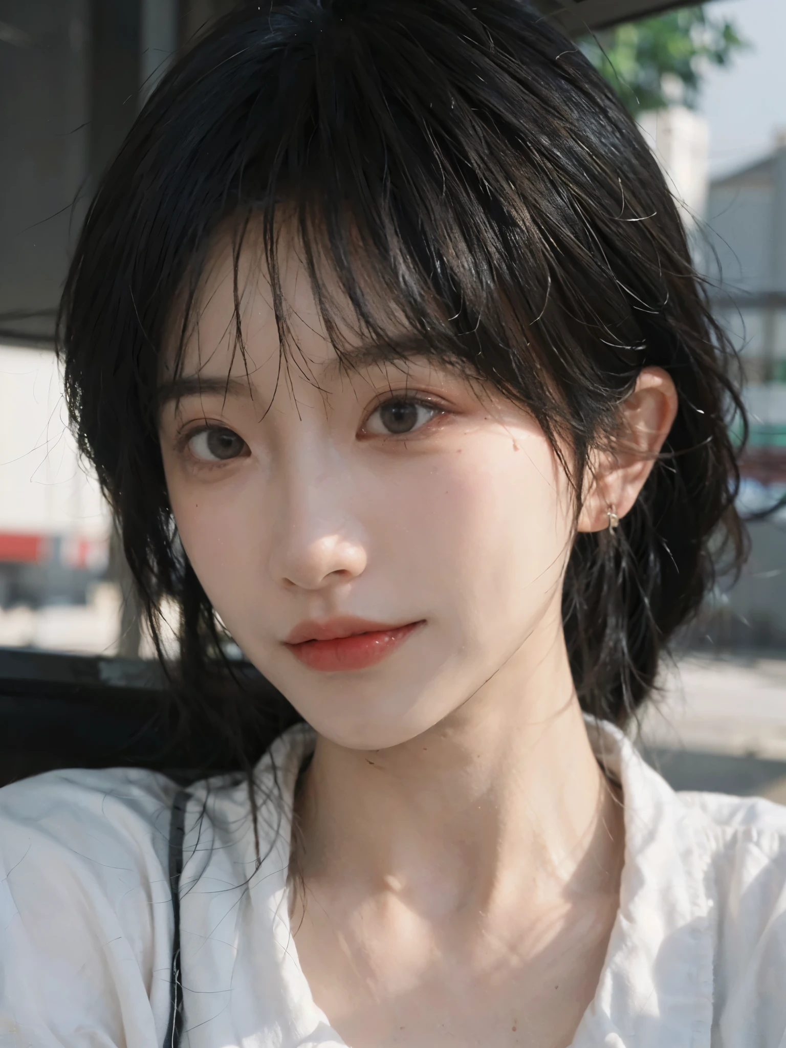 (Skin details:1.4), (smooth skin textures:1.3), Lipstick, background,海滩background, Direct vision, earrings, serene, calm, (Realistic and detailed eyes:1.2), Natural skin texture, Realistic facial details, Soft dramatic lighting, Vivid details, 35 mm film, outdoor, (Photo Practical:1.4), (hyper Practical:1.4), (Practical:1.3), (Smoother lighting:1.05), (Improve lighting quality:0.9), (Highest quality real skin textures:1.4), Exquisite eyes, Delicate face, Close-up of face, (Enhance the beauty of skin texture:1.1), Hair details, Vest,normal body ratio, short hair, Moles under the eyes, thinking, A faint smile,公园background,Portrait Photography, Depth of Field, Bokeh, Surrealism, Ray Tracing, (Portrait Photography:1.1), Surrealism, High Detail, Chiaroscuro, Ray Tracing, reflected light, Ultra HD, Ultra HD, masterpiece, Textured Skin, Super Detail, High Detail, high quality, best quality