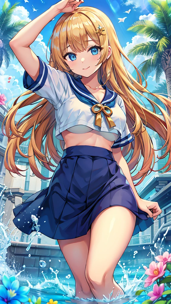 Masterpiece、Highest quality、Super detailed、1 girl、(Big Tits)、Fluffy and soft long hair、Blue Eyes、Cleavage、((Underboobを見せる))、smile、Too big soft breasts、Blonde、Underboob、Underboob、Underboob、Breasts spilling out、Naked and in a sailor suit、Peeking from below