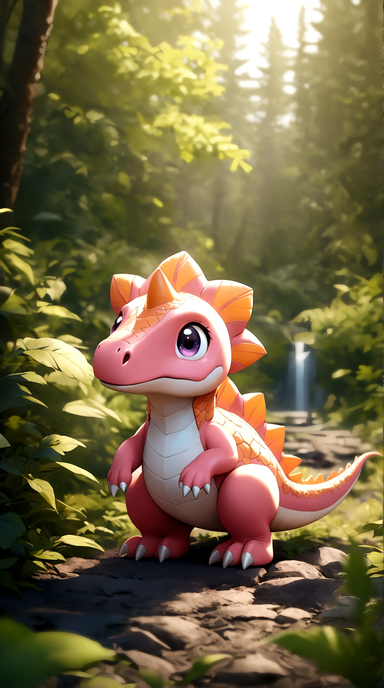 solo, full body, outdoors, blurry, no humans,Pink dinosaur,