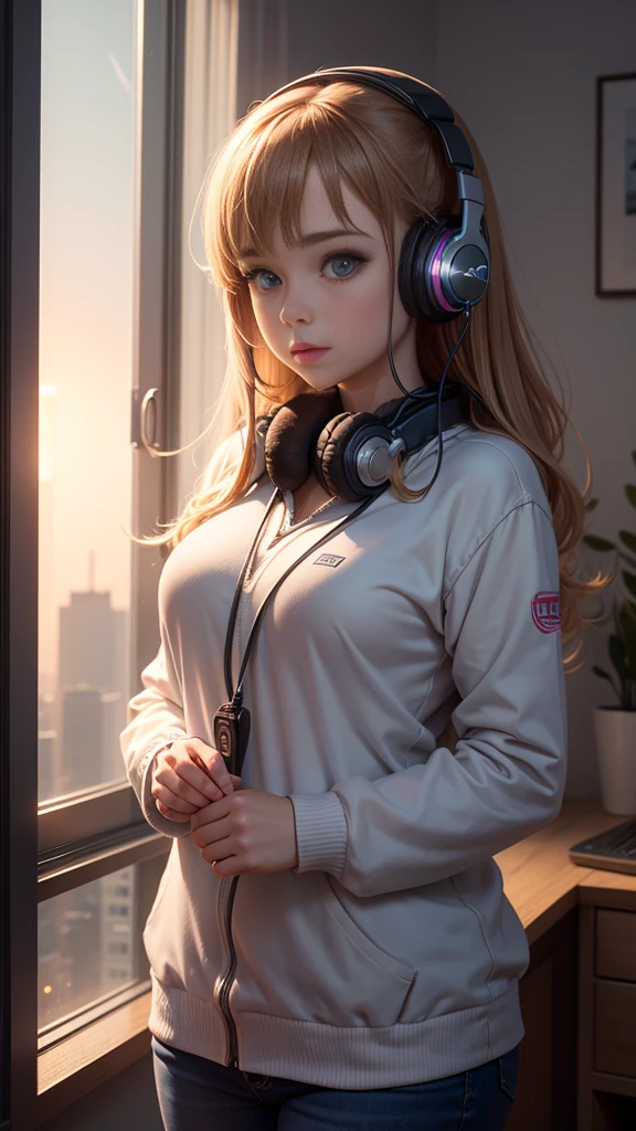 Create a high quality image, extreme detail, ultra definition, extreme realism, high quality lighting, 16k UHD, a girl, headphones, in front of a desk studying, (window with opaque glass), night, soft and warm ultra definition light, lofi style