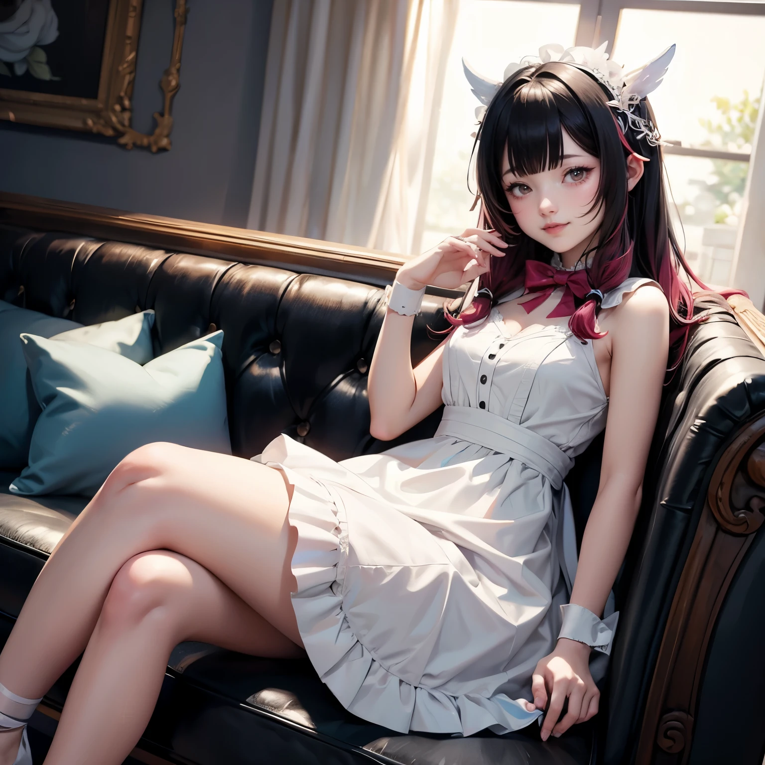 Columbina_(genshin impact), white roses, ornament hair, roses on her hair, maid, maid dress, maid headdress, maid apron, black hair, pink hair, long hair, seat on a sofa, minimalist home style, Chinese maid dress, white dress, more details on her clothes, pink details, night, smiling, coat,