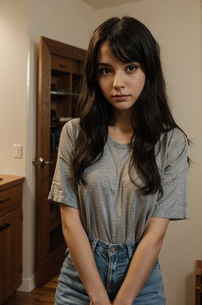 A photograph of blythe doll, dark wavy hair, warm skin, black eyes, no bangs