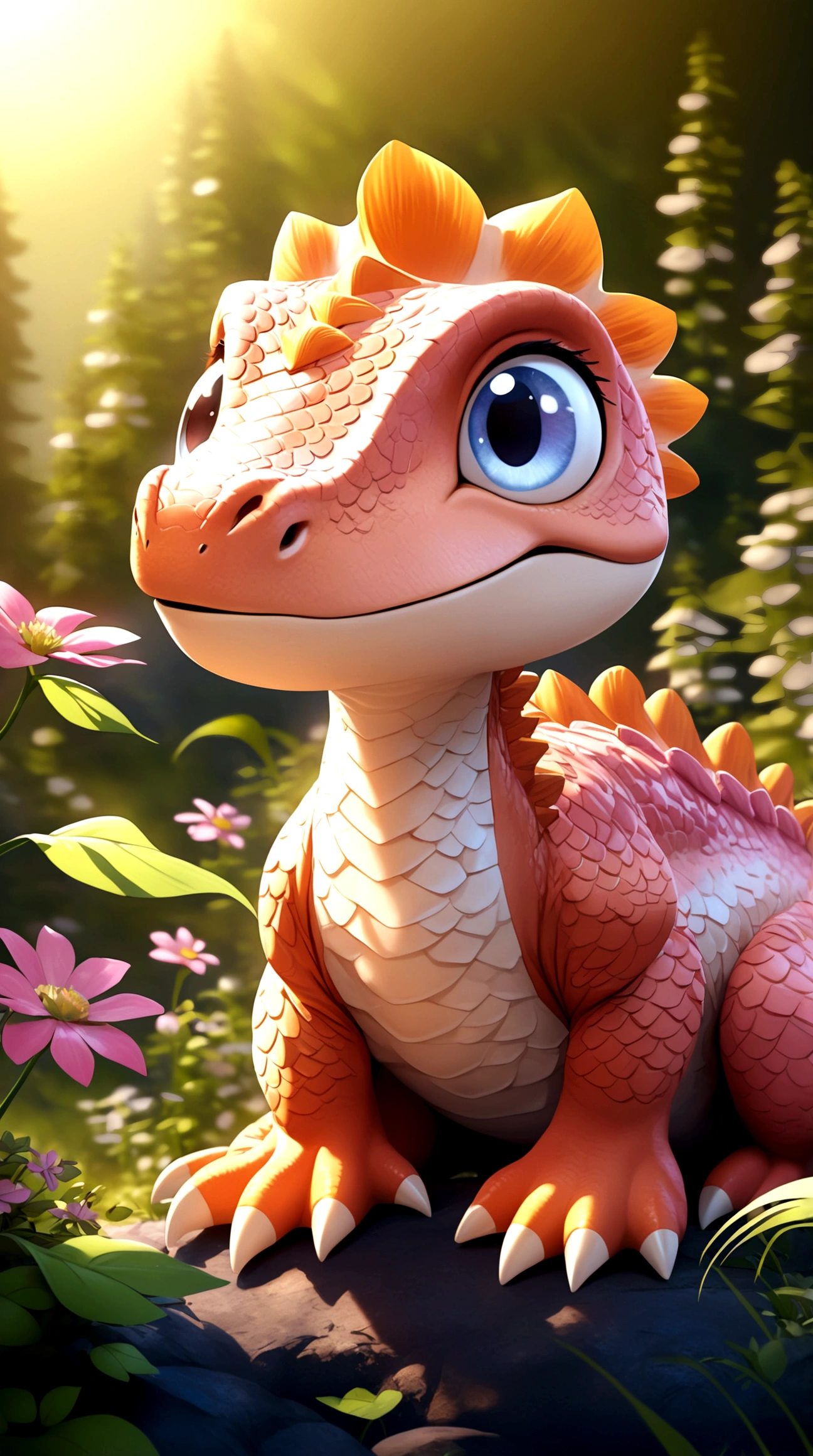 Pink dinosaur, silky smooth dinosaur skin, pink scales, large and bright eyes, gentle gaze, grassy background, sunny day, surrounded by small flowers, dinosaur smiling, dreamlike setting, rich in details, high resolution