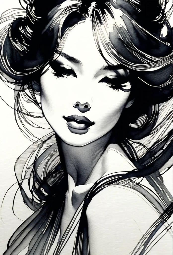 Elegant maiden,black and whiteink画,pen sketch drawing,Loose brushstrokes,Pen outlines delicate lines,flowing action,Subtle ink tones,elegant posture,A peaceful expression,Delicate facial features,ink,Smudge,black and white,clean