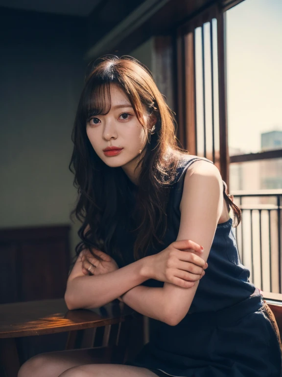1girl, woman, masterpiece, best quality, highest quality, cinematic lighting, (volumetric lighting), extremely detailed CG unity 8k wallpaper, focused, 8k wallpaper, extremely detailed, ultra realistic, photorealistic, sharp focus, absurdres, (HDR:1.2), (high contrast), photograph, detailed and intricate, instagram, portrait, highly detailed, digital painting, artstation, concept art, smooth, sharp focus, illustration, cinematic lighting, (natural big breast), black short skirt, eyes looking at the viewer, (very skinny legs), ((slender body)), skinny, ((Height 170cm)), (HQ skin: 1.4, Realistic human body structure), crossed arms
